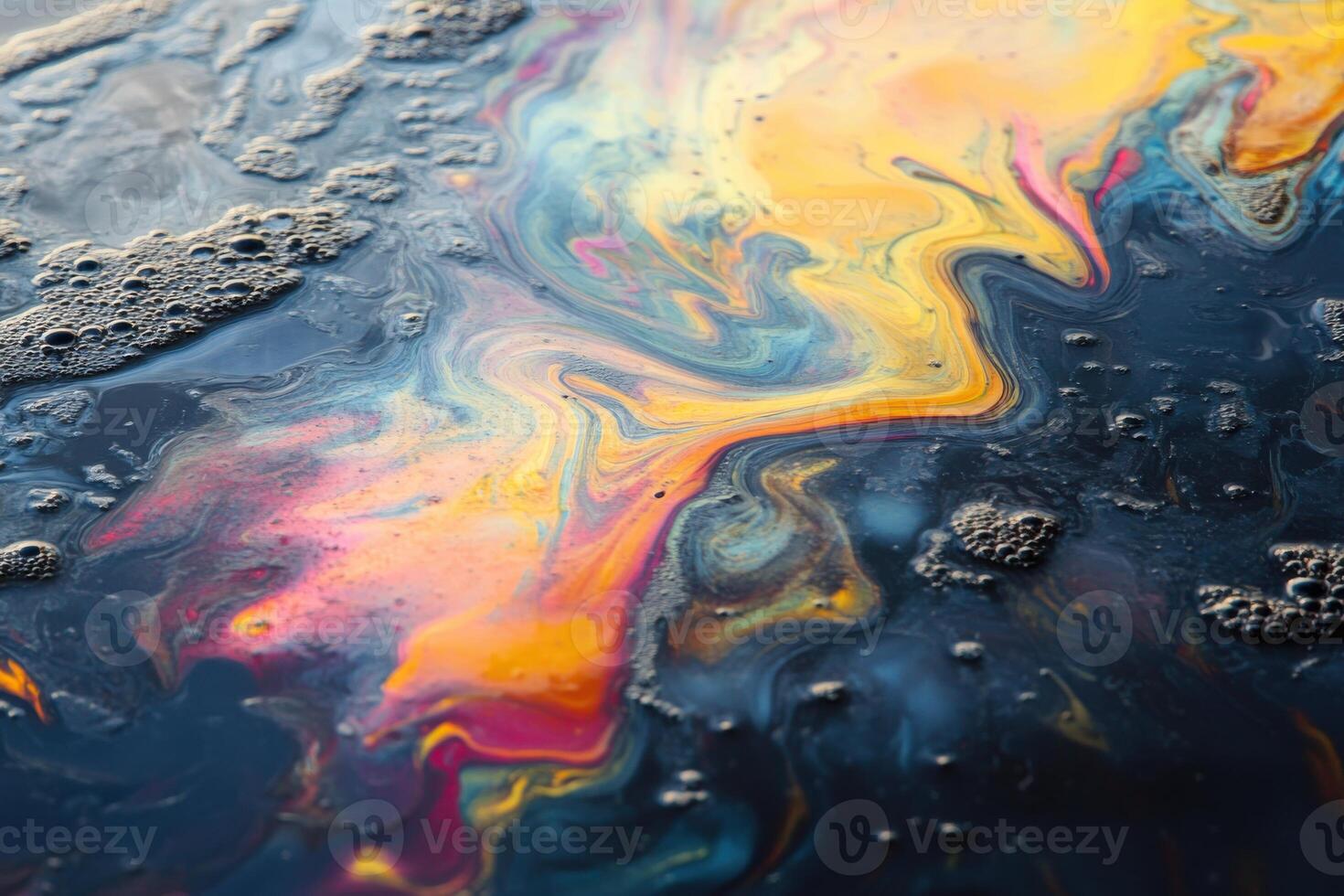 Colorful abstract patterns created by oil and water on a dark surface with bubbles photo
