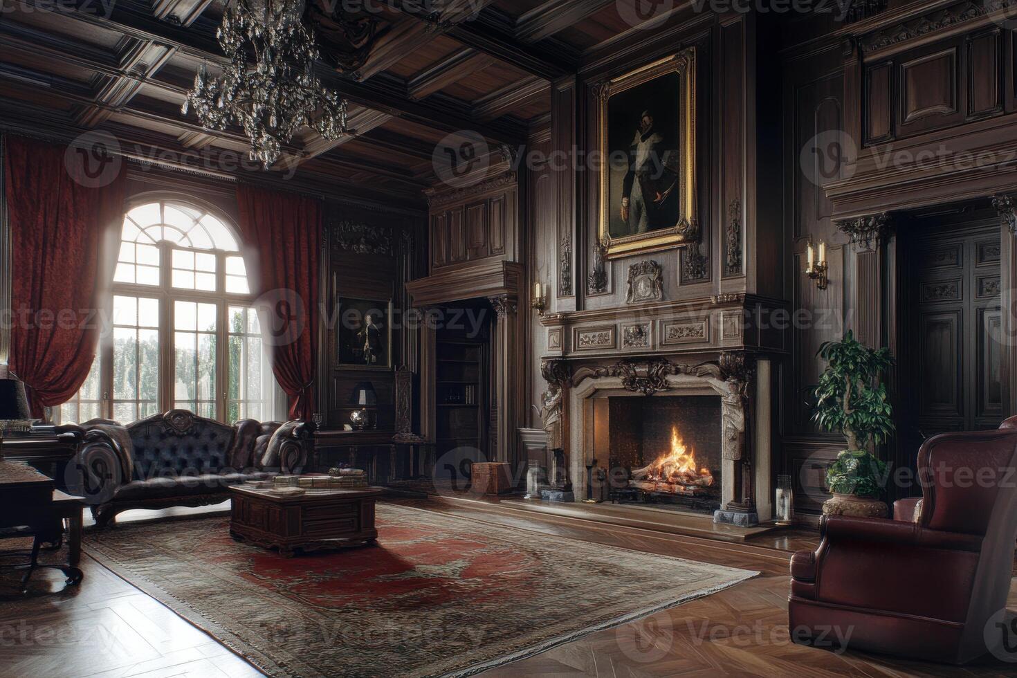 Elegant vintage living room with a fireplace, antique furniture, and a chandelier, showcasing a cozy atmosphere in a historic setting photo