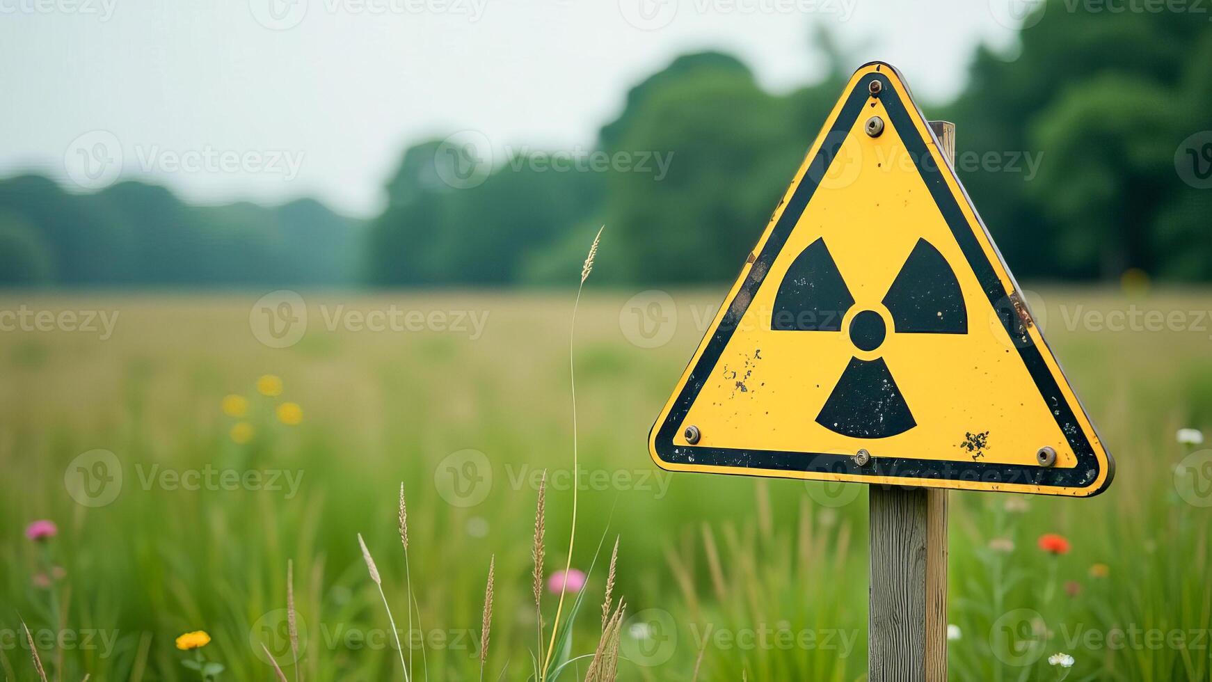 Yellow triangular sign with nuclear symbol in open field. photo