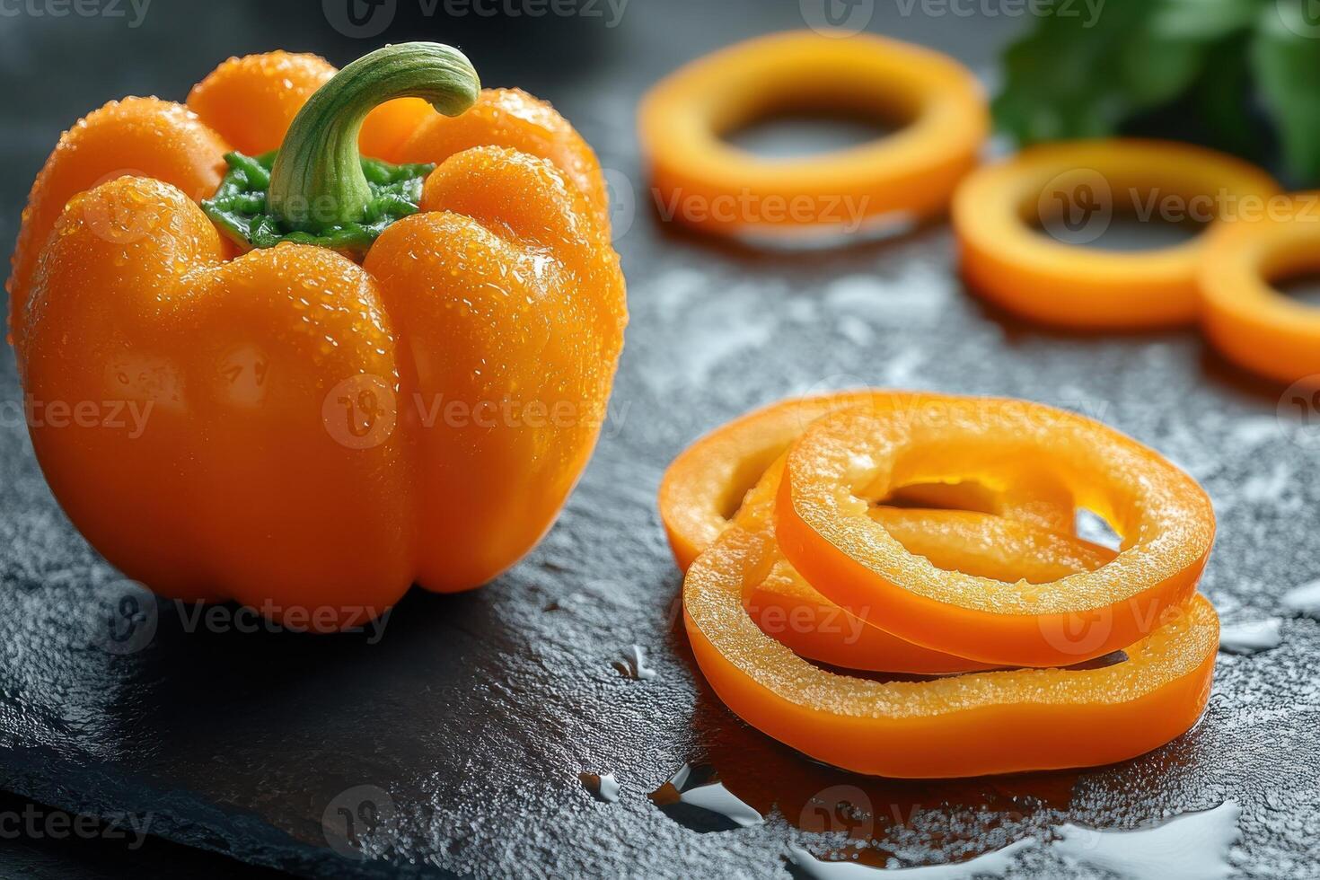 Fresh orange bell pepper and sliced rounds on a dark slate surface with a hint of moisture and green garnish visible nearby photo