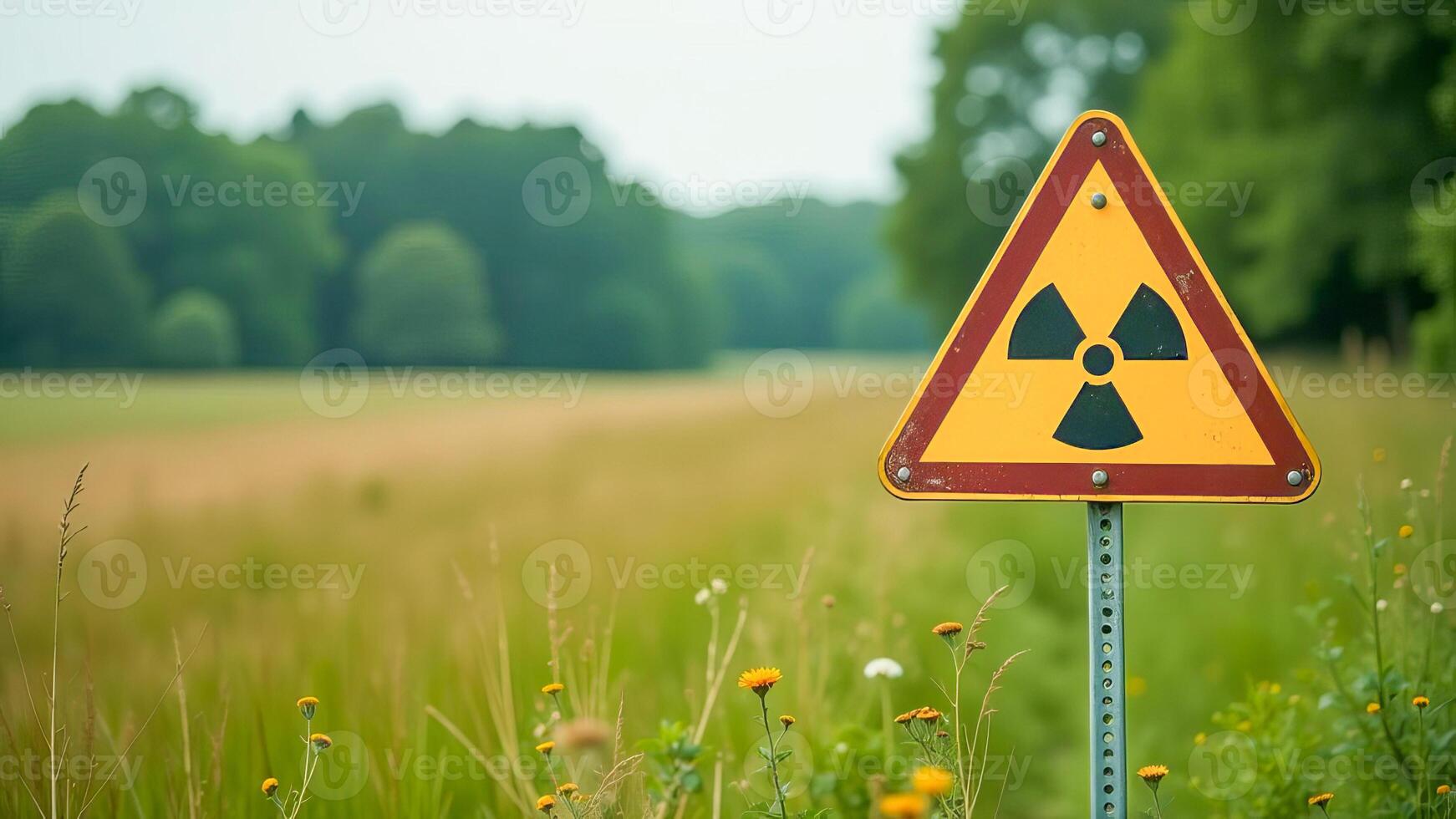 Yellow triangular sign with nuclear symbol in open field. photo