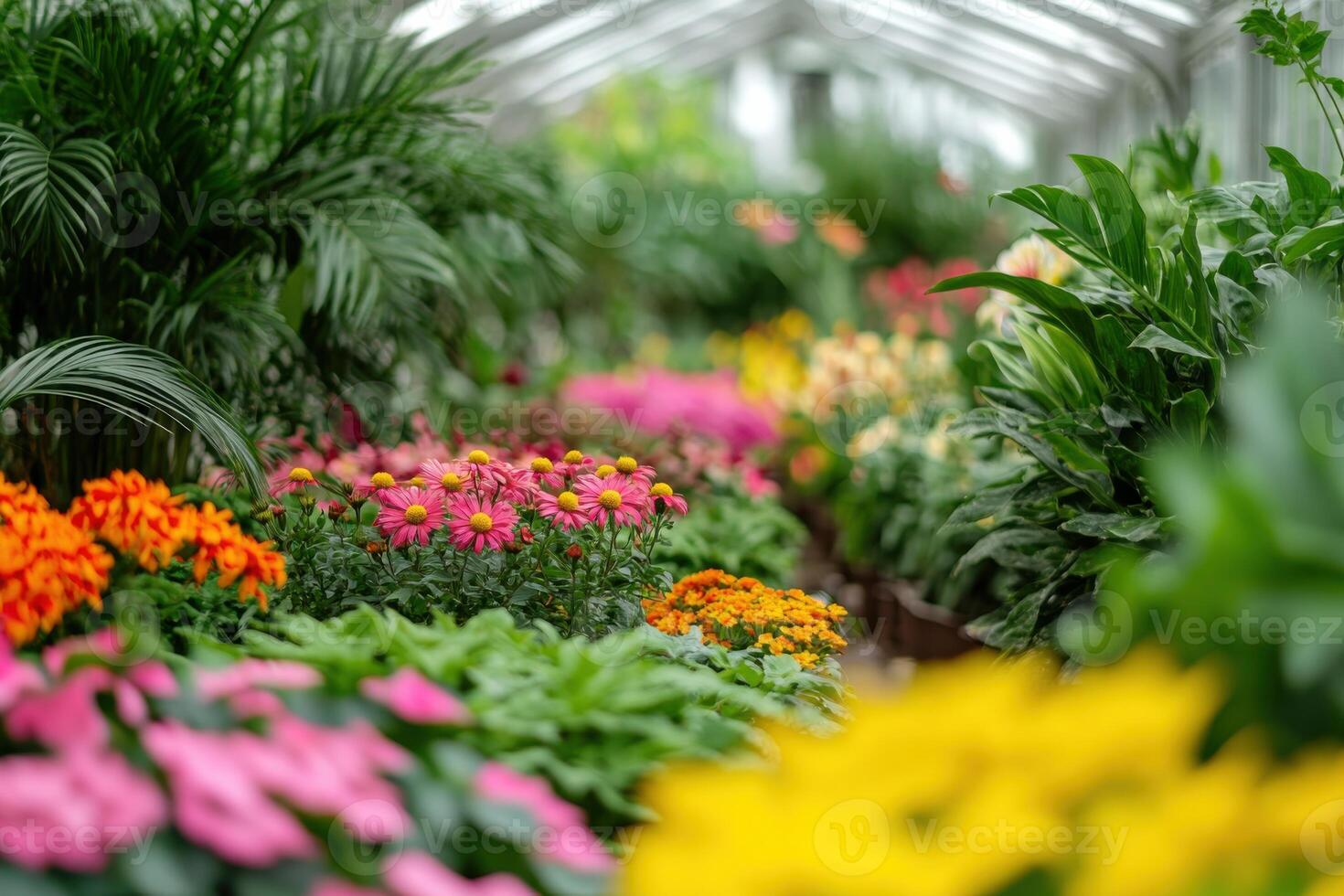 Diverse floral display in a greenhouse showcasing vibrant blooms and lush greenery during daylight hours photo