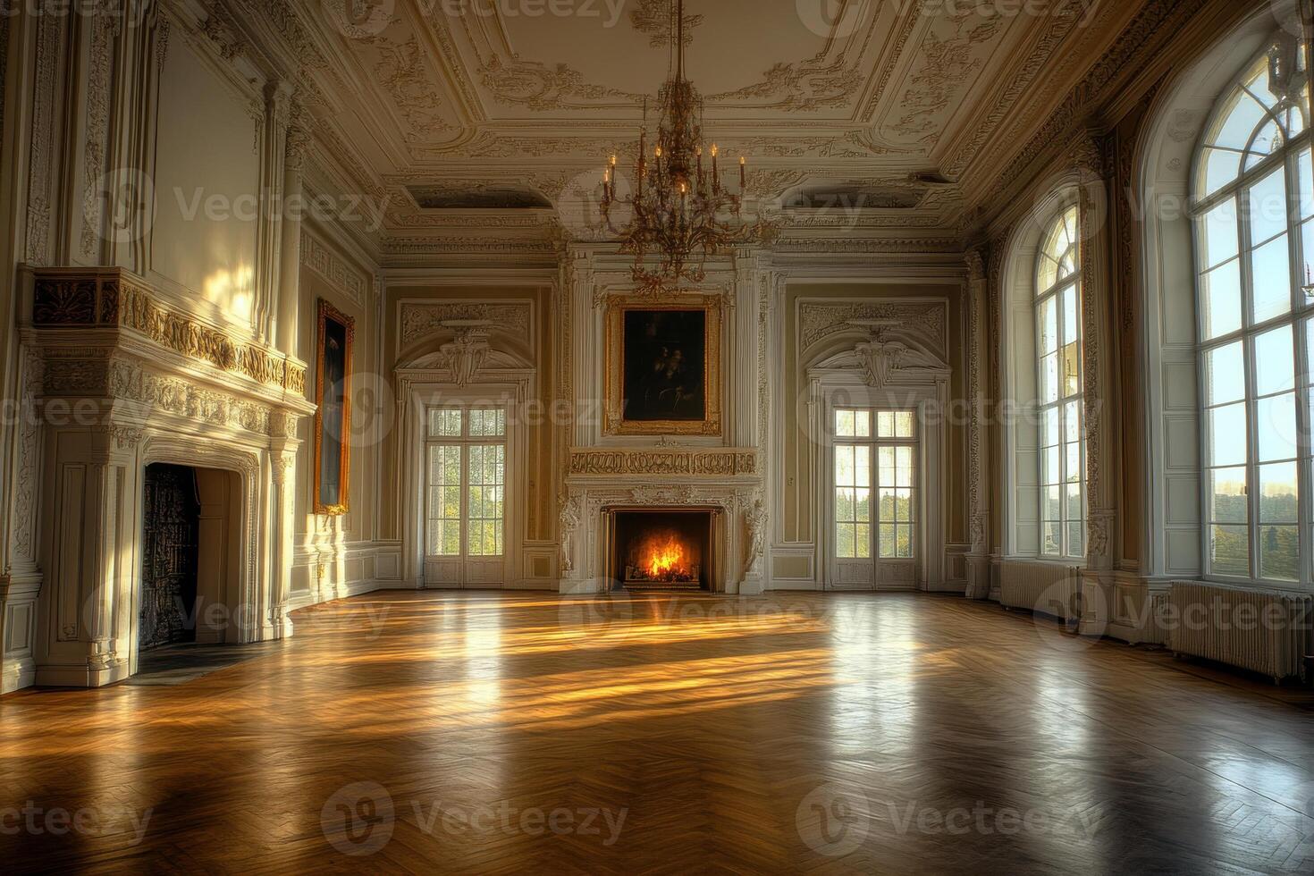 Elegant, spacious hall with intricate architecture and warm sunlight streaming through large windows in a historic building photo