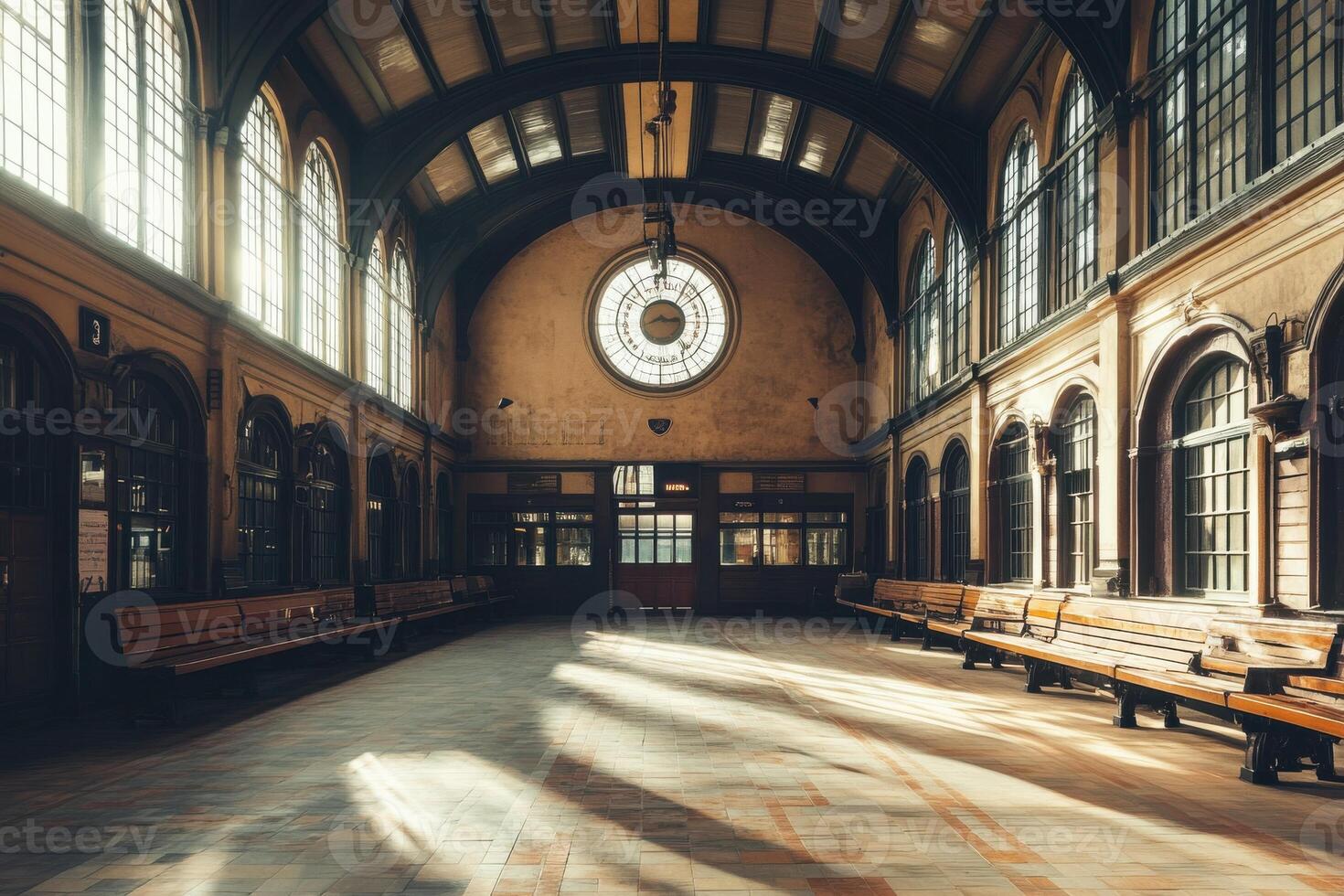 Sunlight streams through large windows in a historic train station with wooden benches during a quiet afternoon photo