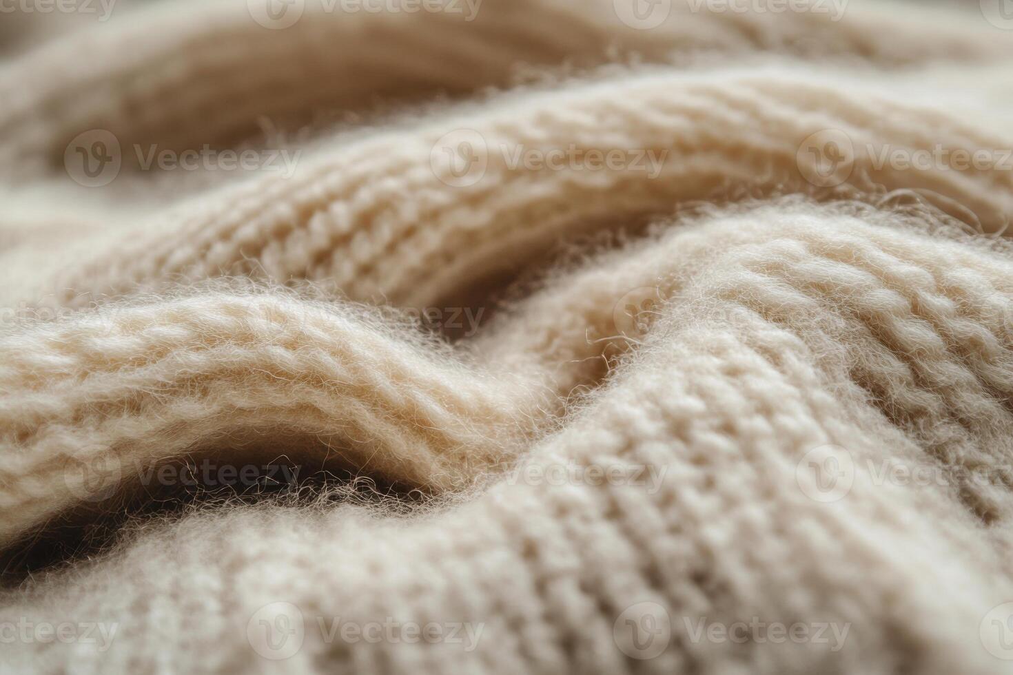 Textured close-up of cream-colored wool knit fabric showcasing soft fibers and intricate patterns photo