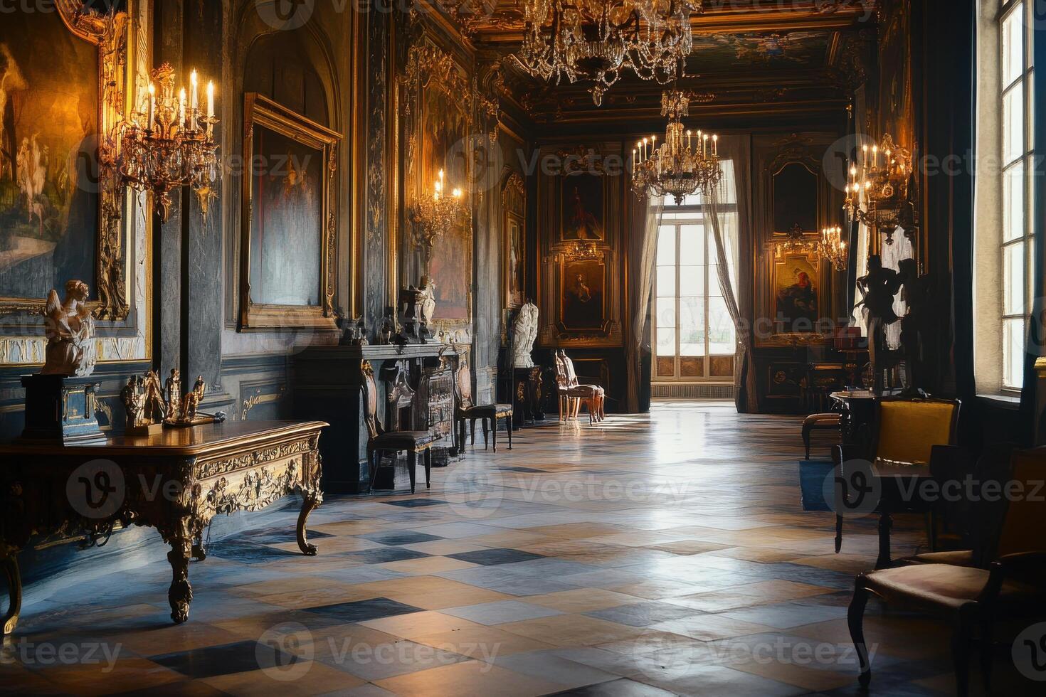 Elegant interior of an opulent historical room adorned with chandeliers and fine artwork in a grand estate during golden hour photo