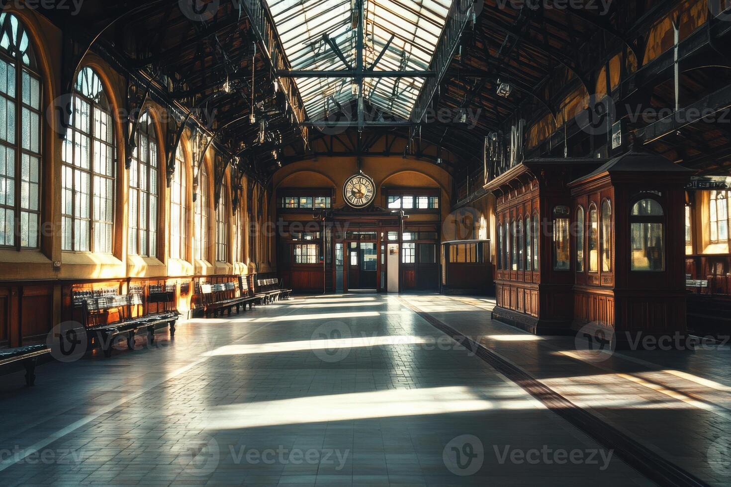 Sunlight streams through the large windows of an empty train station during early morning, highlighting the architectural details and wooden benches photo