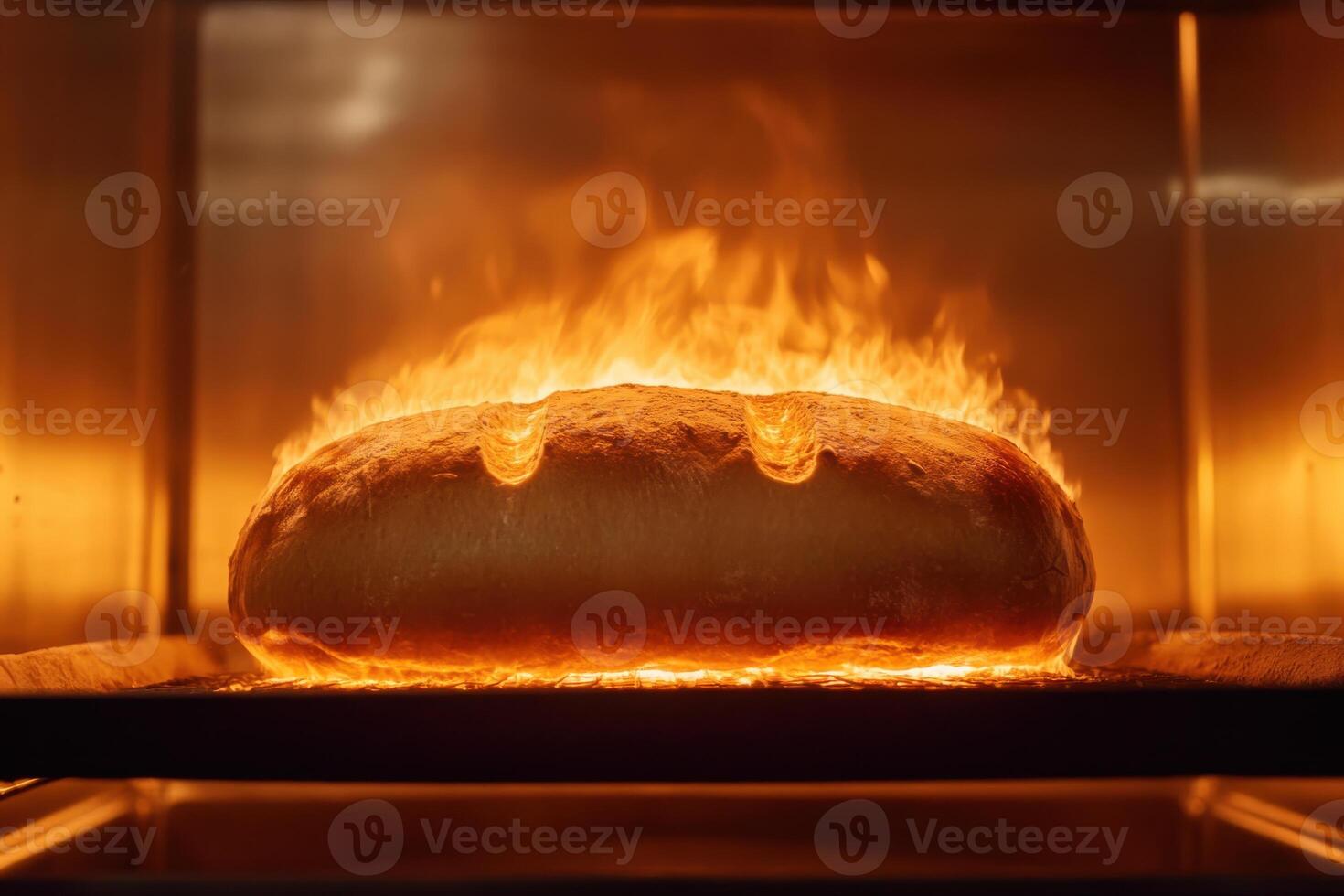 Bread baking in an oven with flames highlighting its golden crust during a late evening session photo