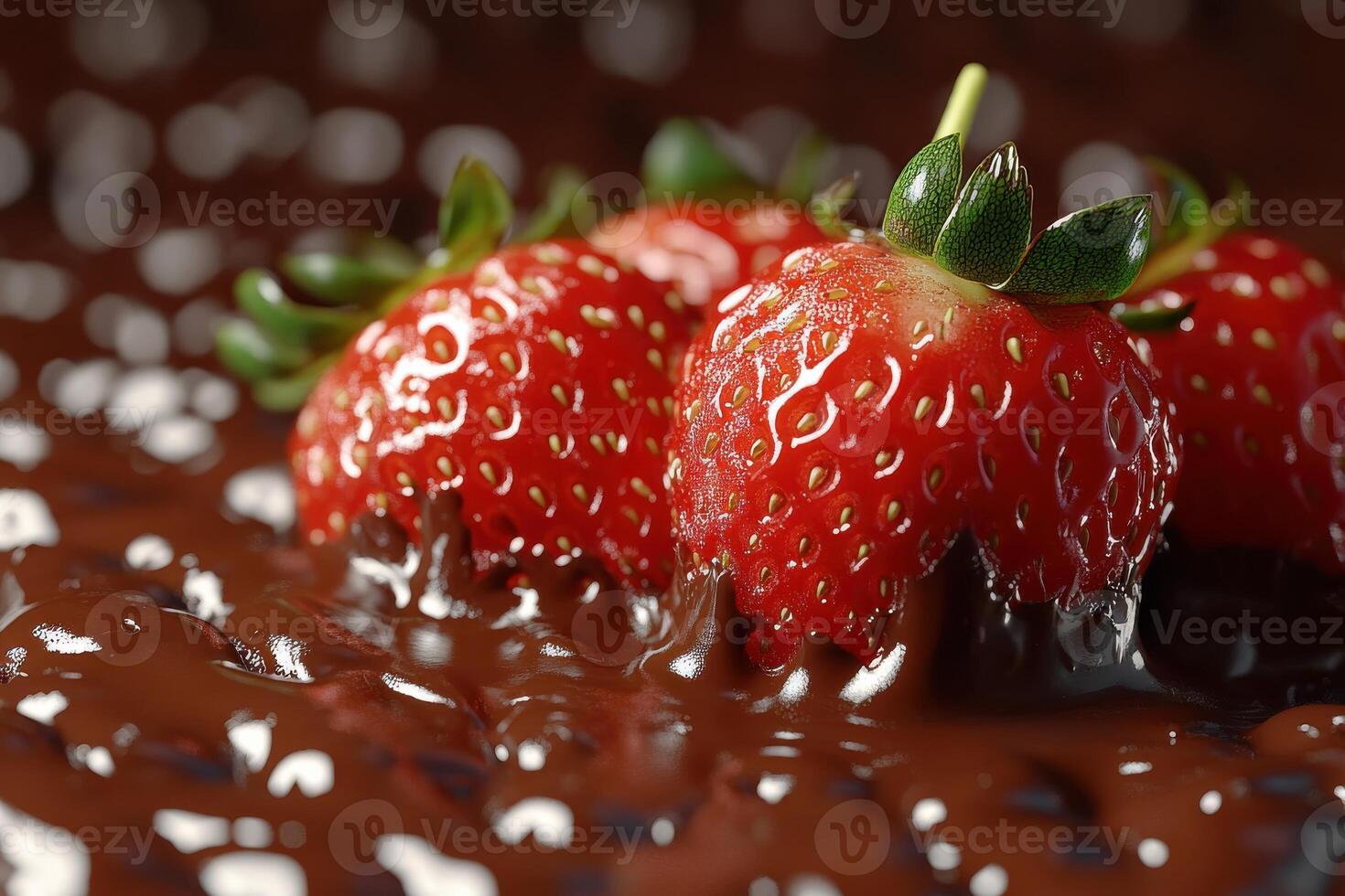 Fresh strawberries dipped in rich chocolate on a smooth surface with highlighting reflections photo