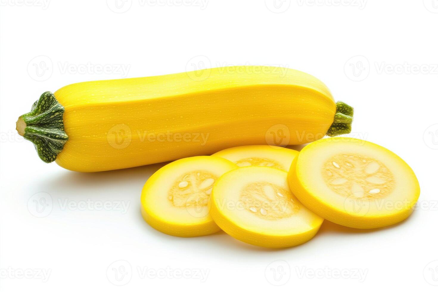 Fresh yellow squash with sliced pieces arranged artistically on a clean white background under natural lighting photo