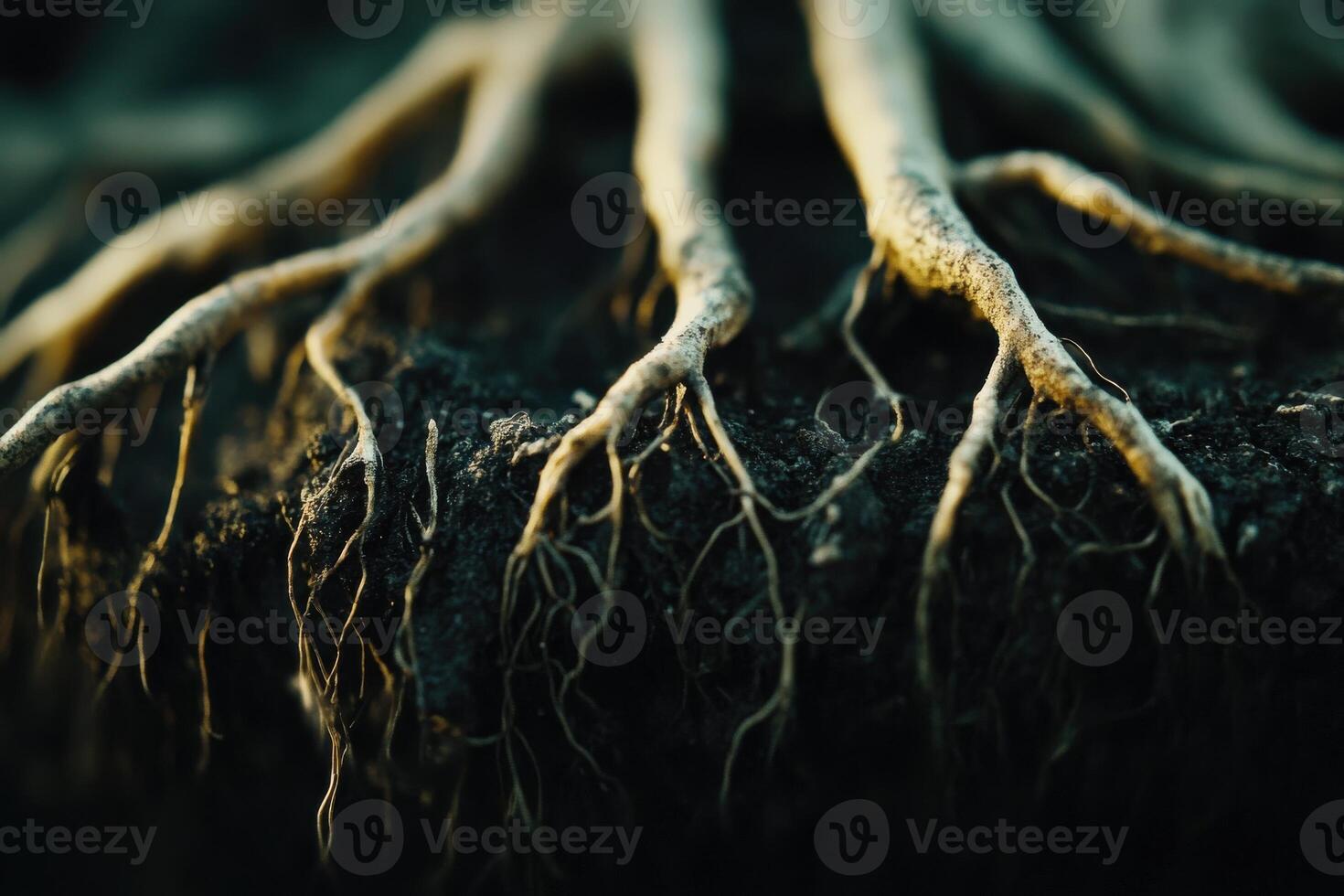 Close-up of intricate tree roots emerging from dark soil in early morning light photo