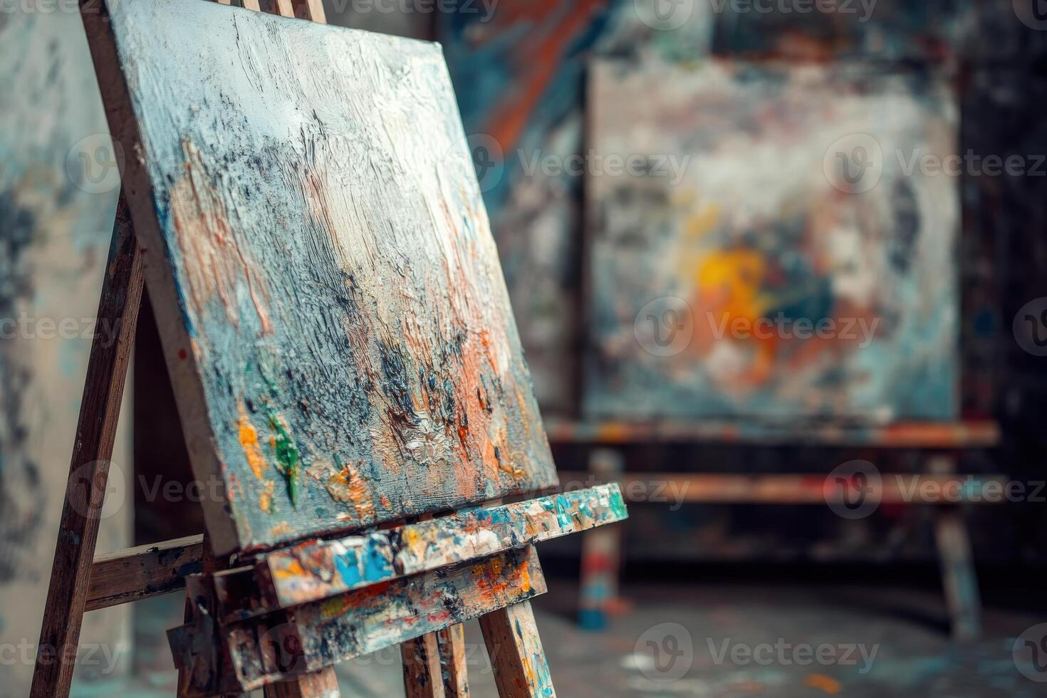 Artistic workspace featuring two unfinished canvases and vibrant paint splashes in a creative studio environment photo
