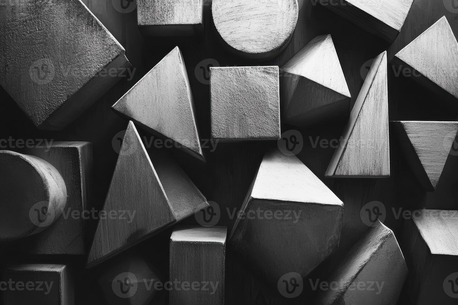 A collection of various geometric wooden shapes arranged together in monochrome, emphasizing their unique forms and textures photo