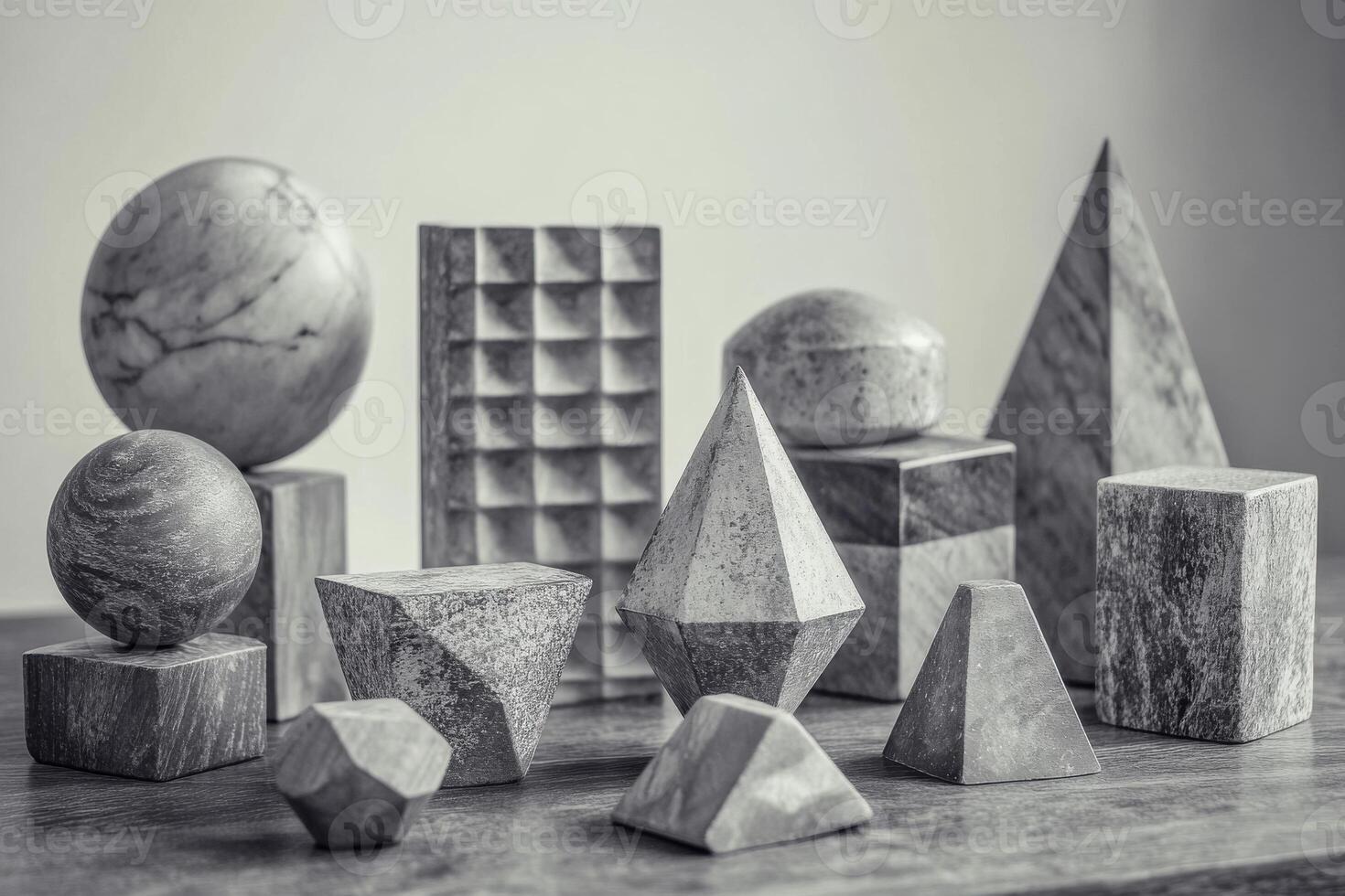 A collection of various geometric shapes in gray marble arranged artistically on a wooden surface in natural light photo