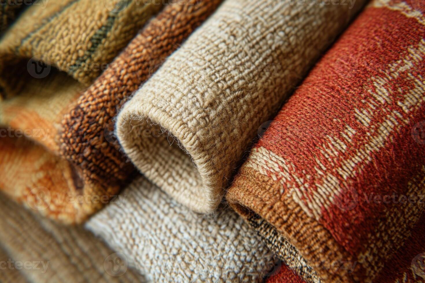 Textile rolls showcasing vibrant patterns and textures in a cozy interior setting photo
