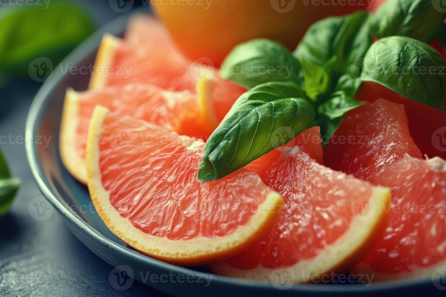Freshly sliced grapefruit with basil leaves arranged beautifully on a blue plate photo