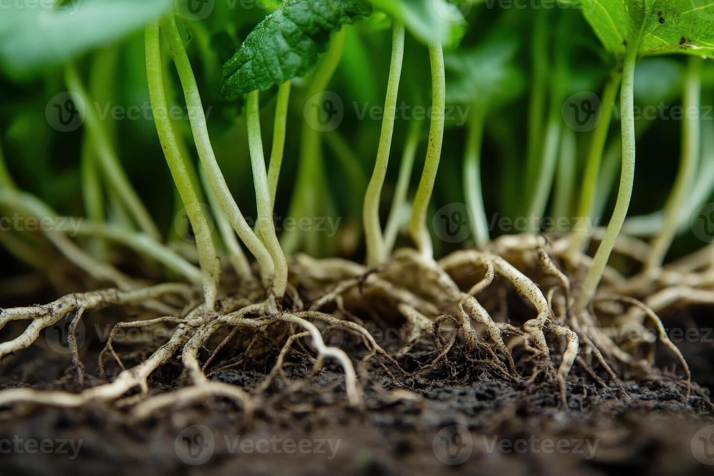 Young plant roots emerging from the soil with green leaves in a lush garden setting during daylight photo