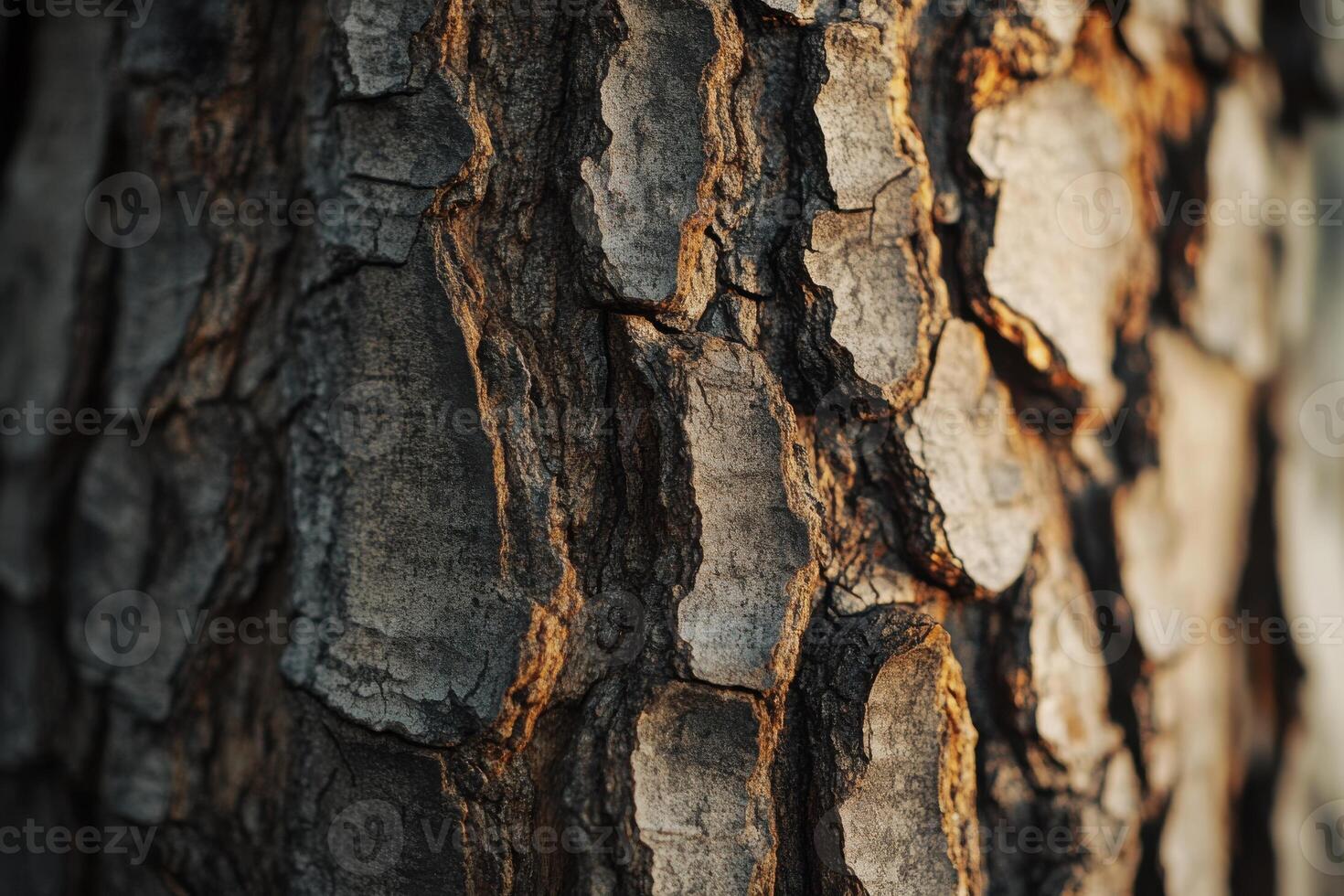 Detailed close-up of textured tree bark illuminated by soft natural light in a forest setting photo