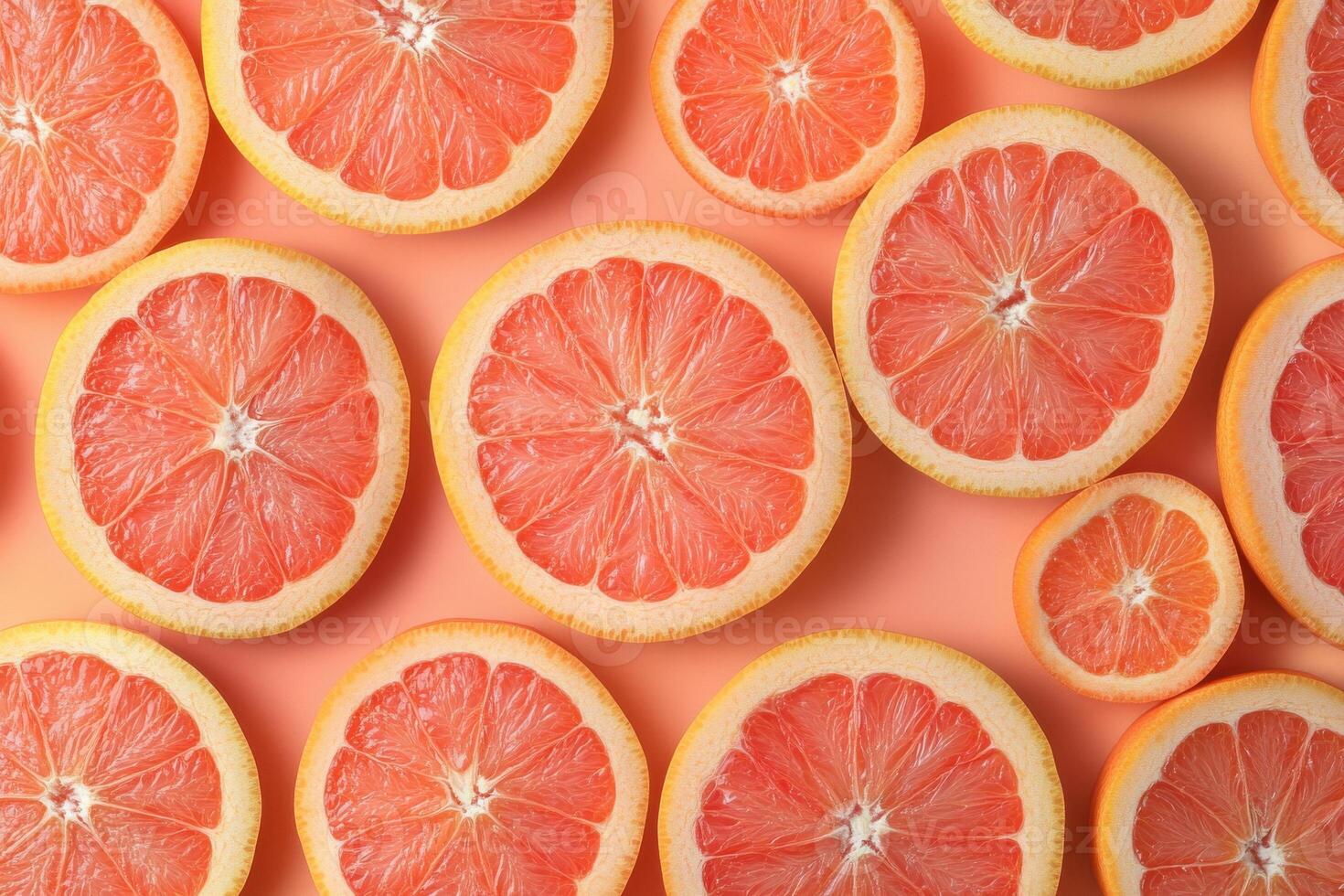 Freshly sliced pink grapefruits arranged on a pink background in a vibrant and colorful display photo