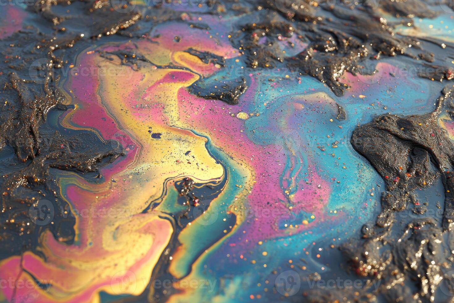 Colorful oil slick on wet asphalt creating a vibrant rainbow effect in natural light photo