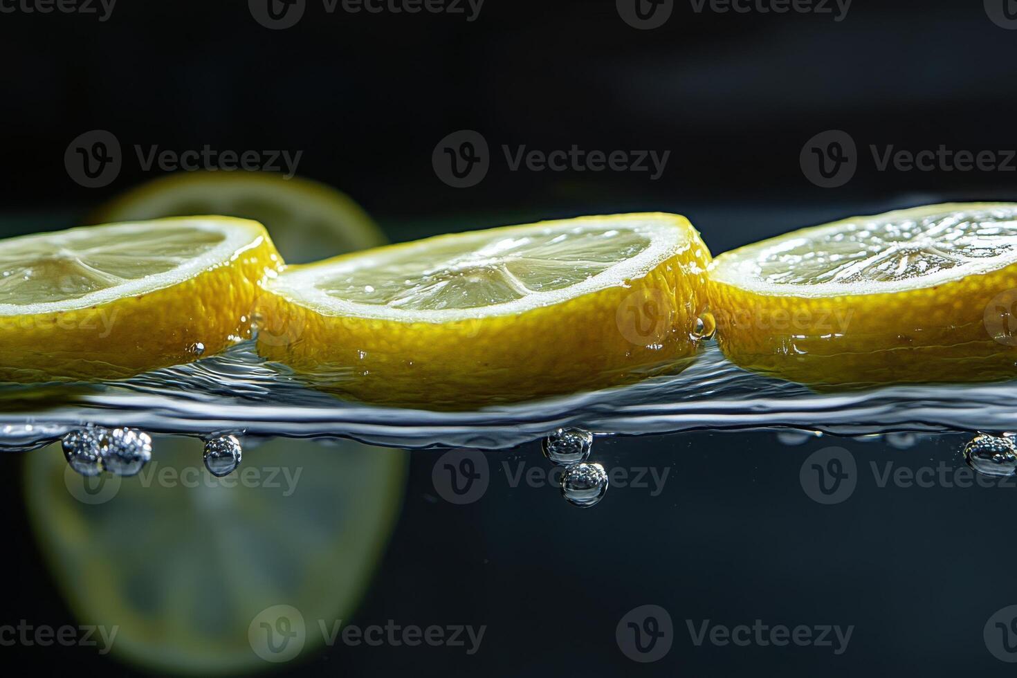 Lemon slices floating in sparkling water with bubbles against a dark background photo
