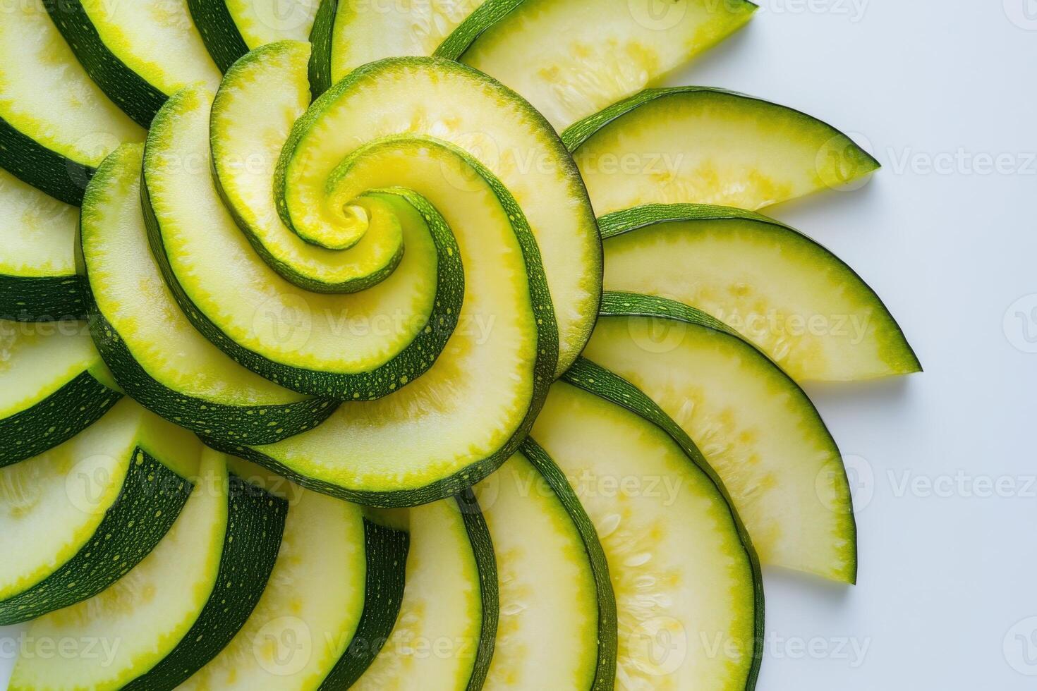 Freshly sliced cucumber arranged in a spiral pattern on a white background, showcasing vibrant green and yellow colors photo