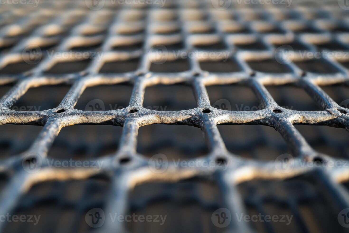 Close-up view of a textured metal grid showing patterns and shadows in natural light photo