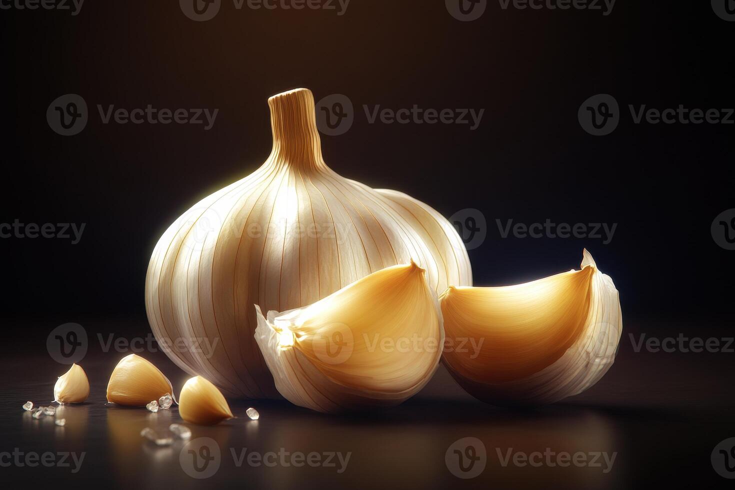 Garlic bulb and cloves displayed artistically on a dark background with minimal lighting at a kitchen countertop photo