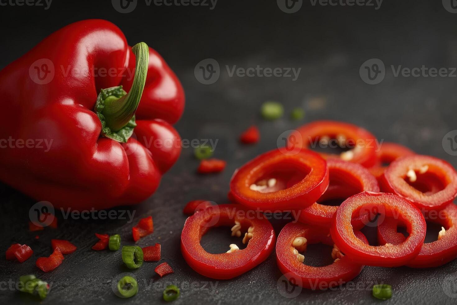 Freshly sliced red bell pepper on a dark countertop with scattered green onions and diced pieces photo