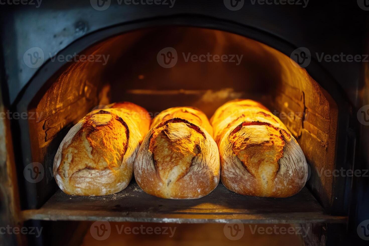 Artisan loaves baking in a traditional wood-fired oven, glowing with warm light in a rustic bakery photo