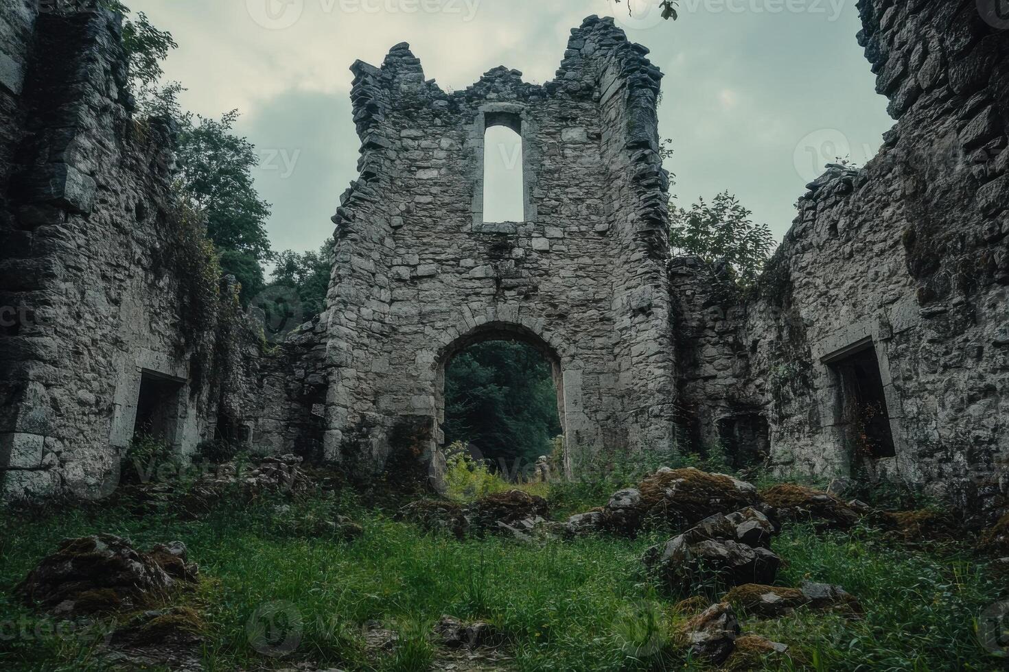 Ancient ruins of a stone building surrounded by lush greenery in a forest on a cloudy day exploring forgotten history photo