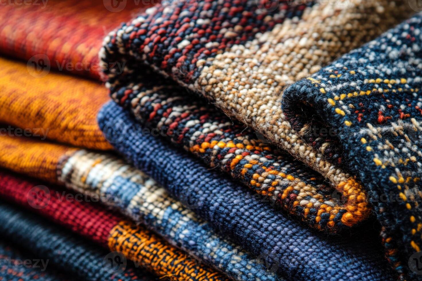 Colorful woven textiles stacked neatly showcasing intricate patterns and textures in warm hues photo