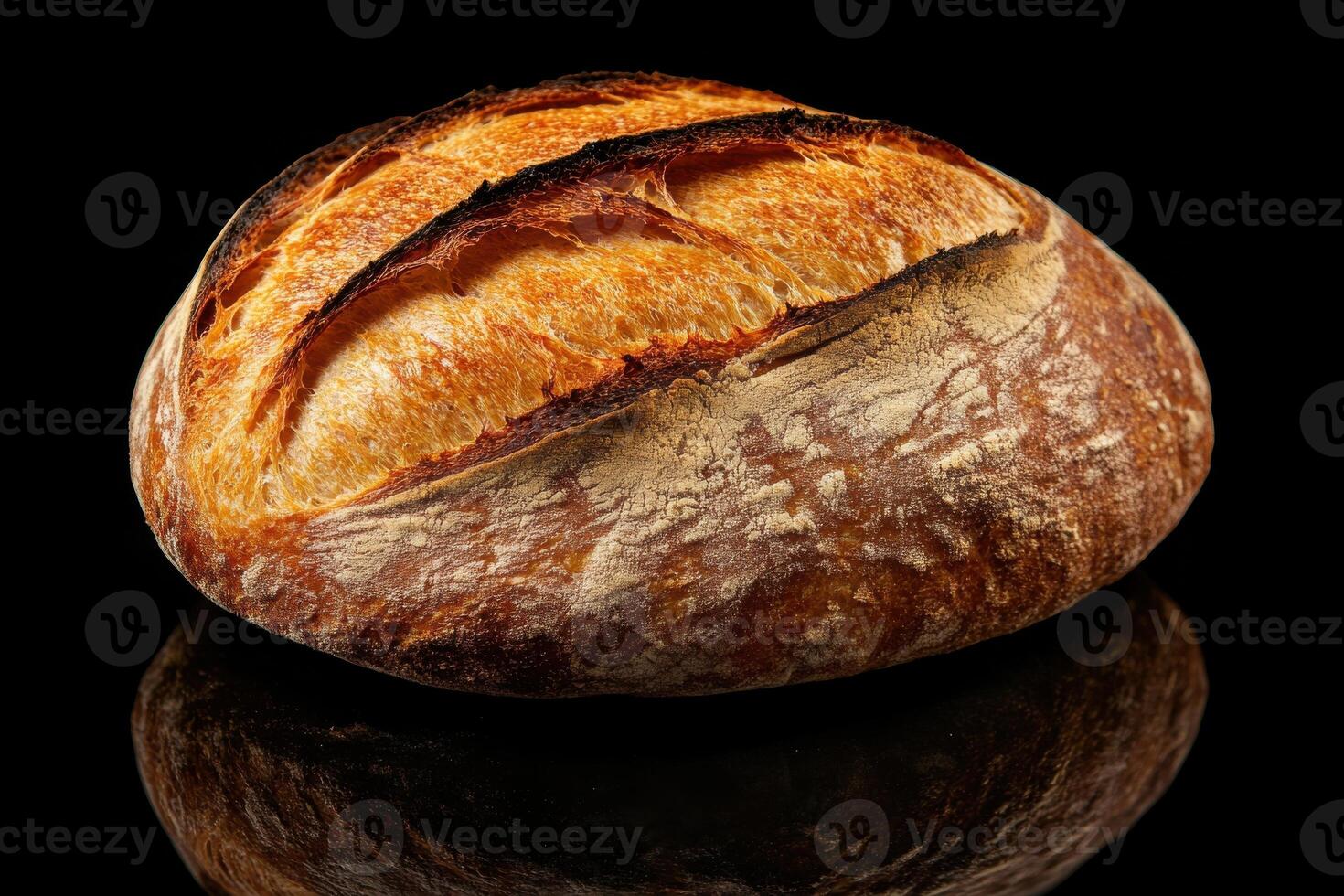 Artisan loaf of sourdough bread on a reflective surface with a black backdrop photo