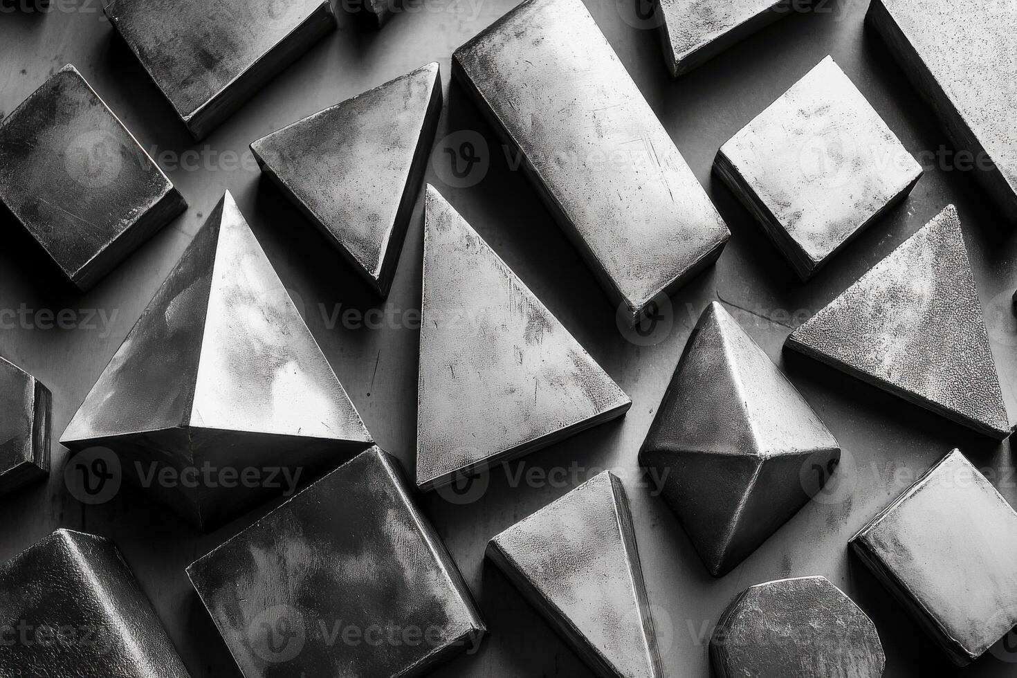 Geometric metallic shapes displayed on a surface showcasing a variety of forms and textures suitable for design and art projects photo