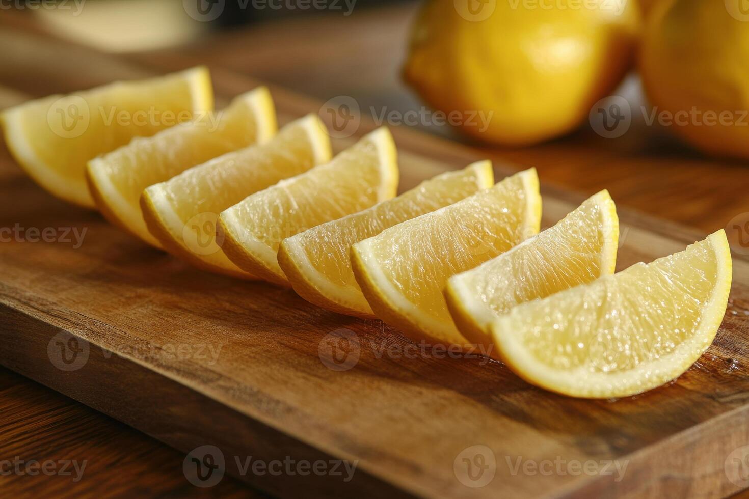 Freshly sliced lemons arranged on a wooden cutting board with whole lemons in the background photo
