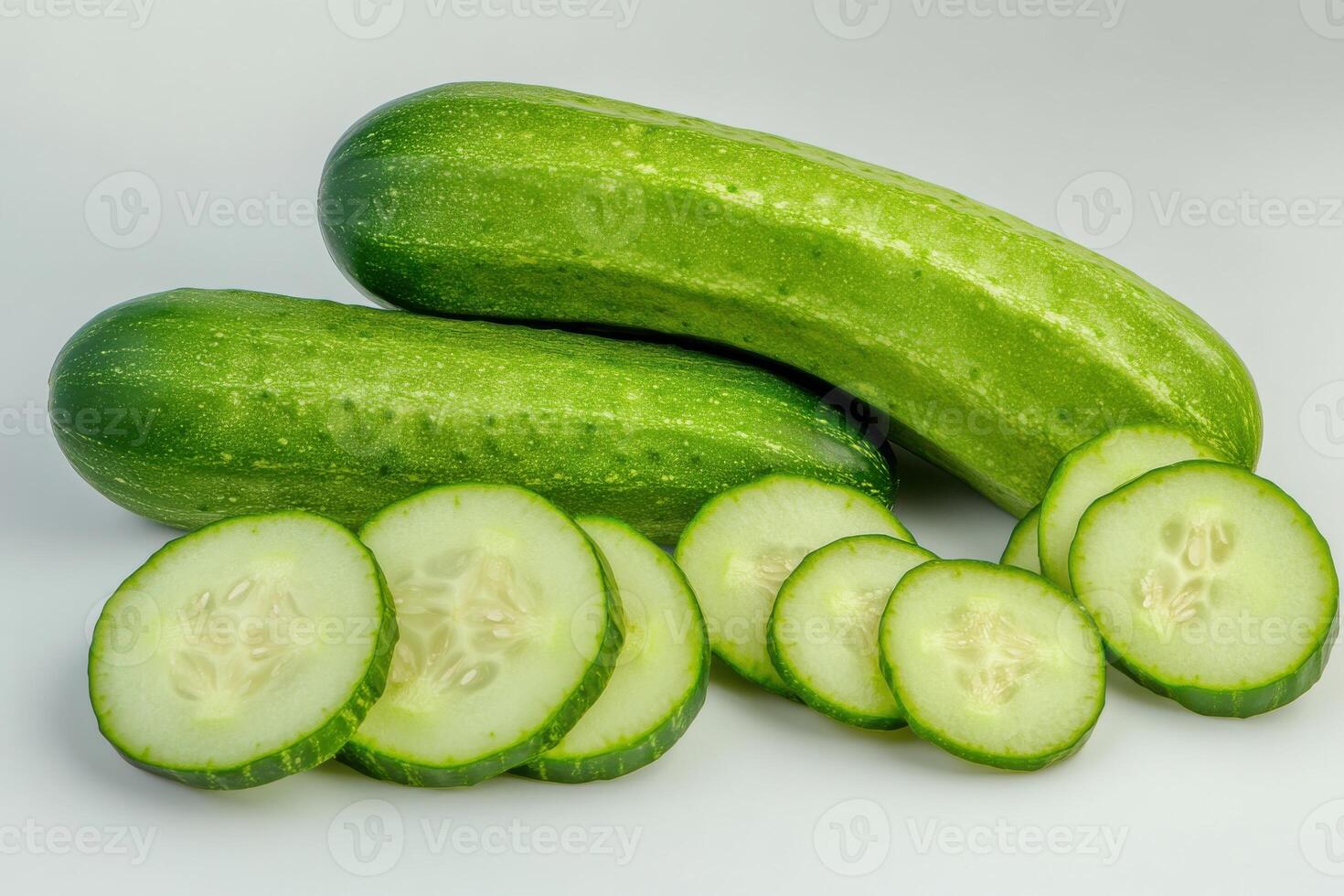 Fresh green cucumbers cut into slices resting on a clean surface, showcasing their vibrant color and crisp texture photo