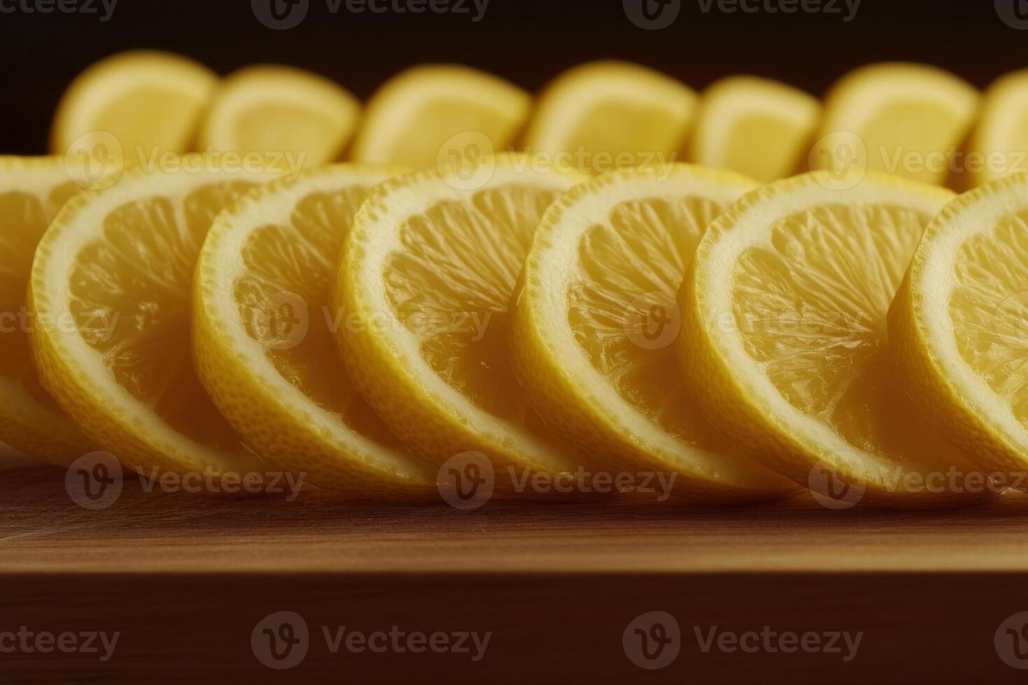 Freshly sliced lemons arranged neatly on a wooden board, showcasing vibrant yellow color and texture photo