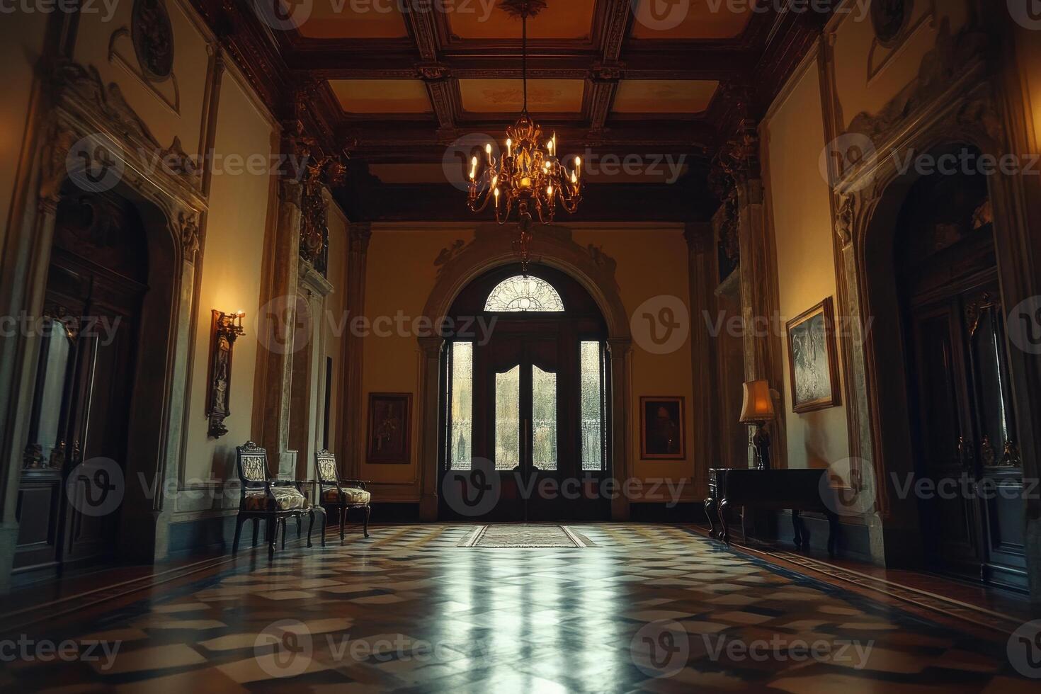 Elegant foyer of an opulent mansion showcasing vintage furniture and warm lighting in the late afternoon photo
