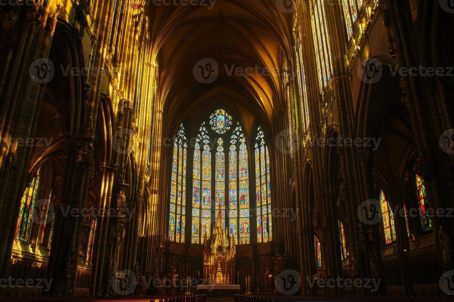 Golden light streaming through the ornate stained glass windows of a historic cathedral during the late afternoon hours photo