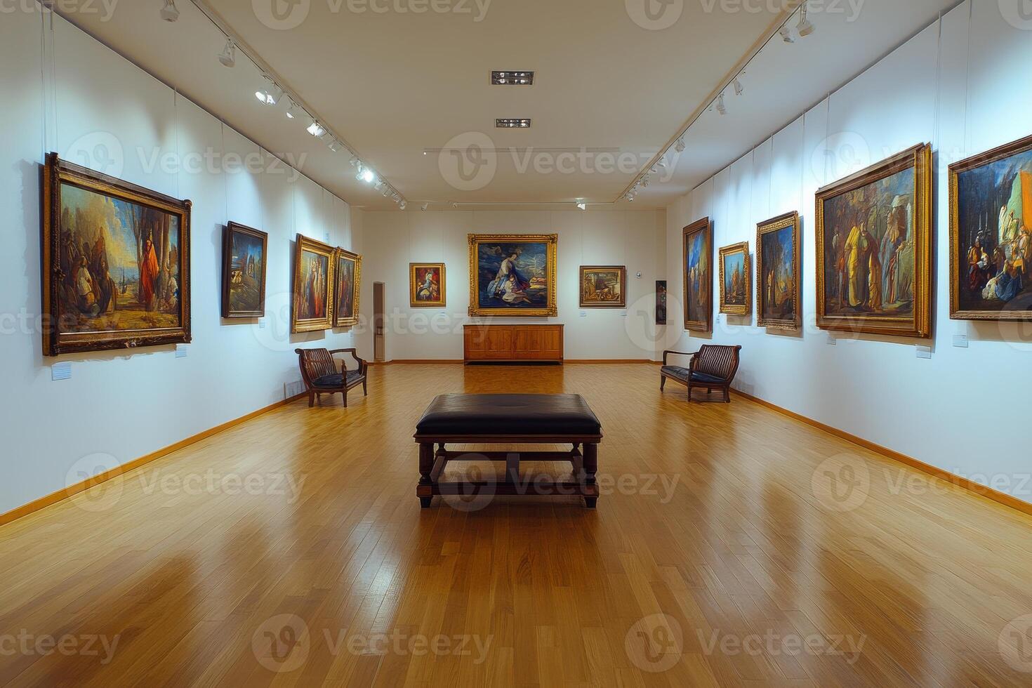 Spacious art gallery featuring classic paintings and serene ambiance with wooden flooring and soft lighting photo