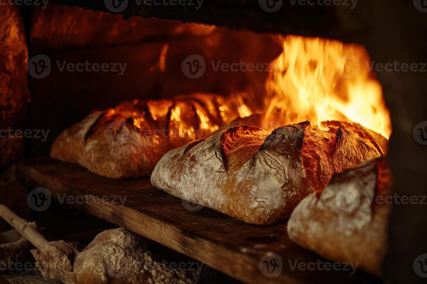 Freshly baked artisan bread in a traditional wood-fired oven glowing with flames during the baking process photo