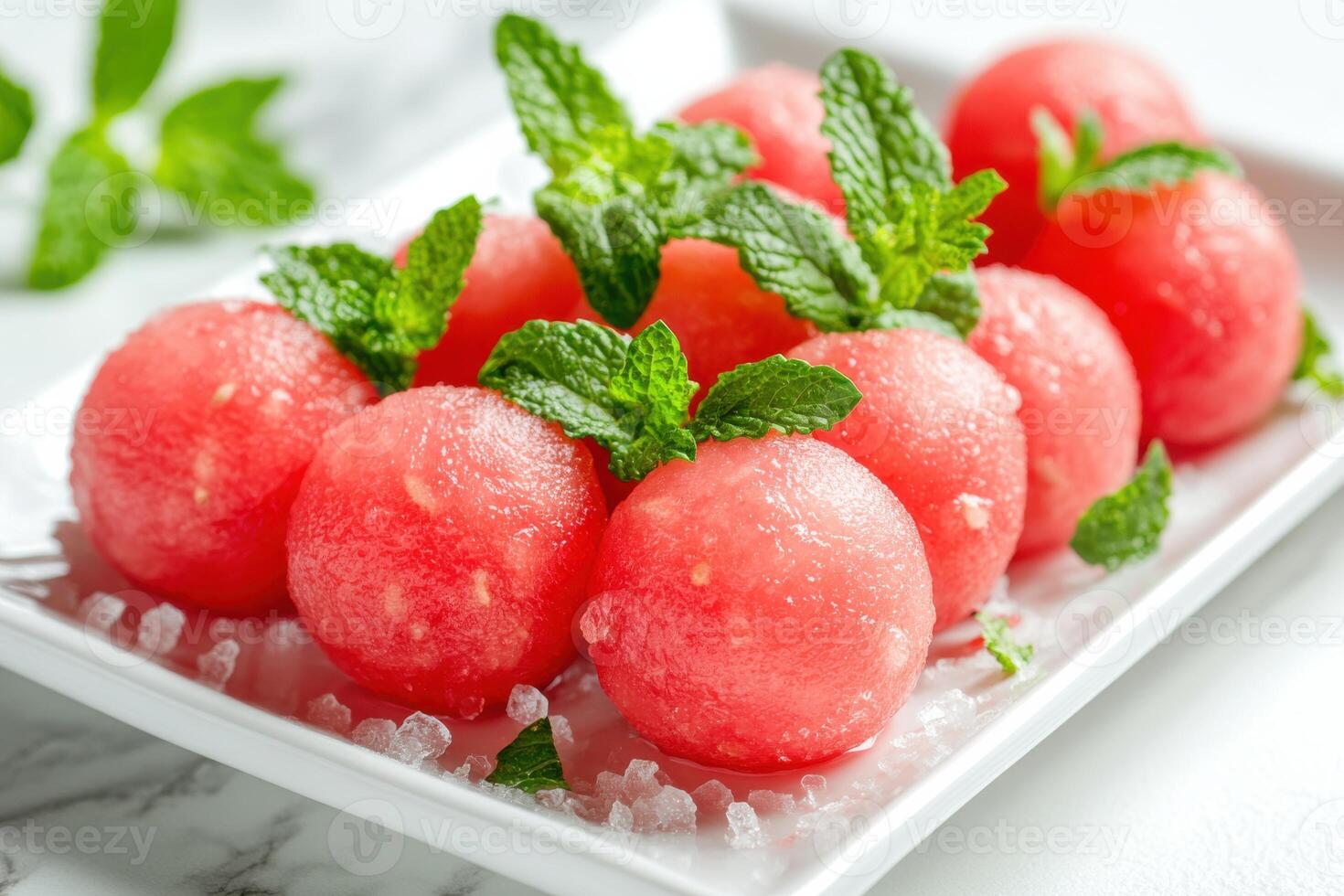 Fresh watermelon balls garnished with mint leaves on a white plate, ideal for summer snacks or parties photo