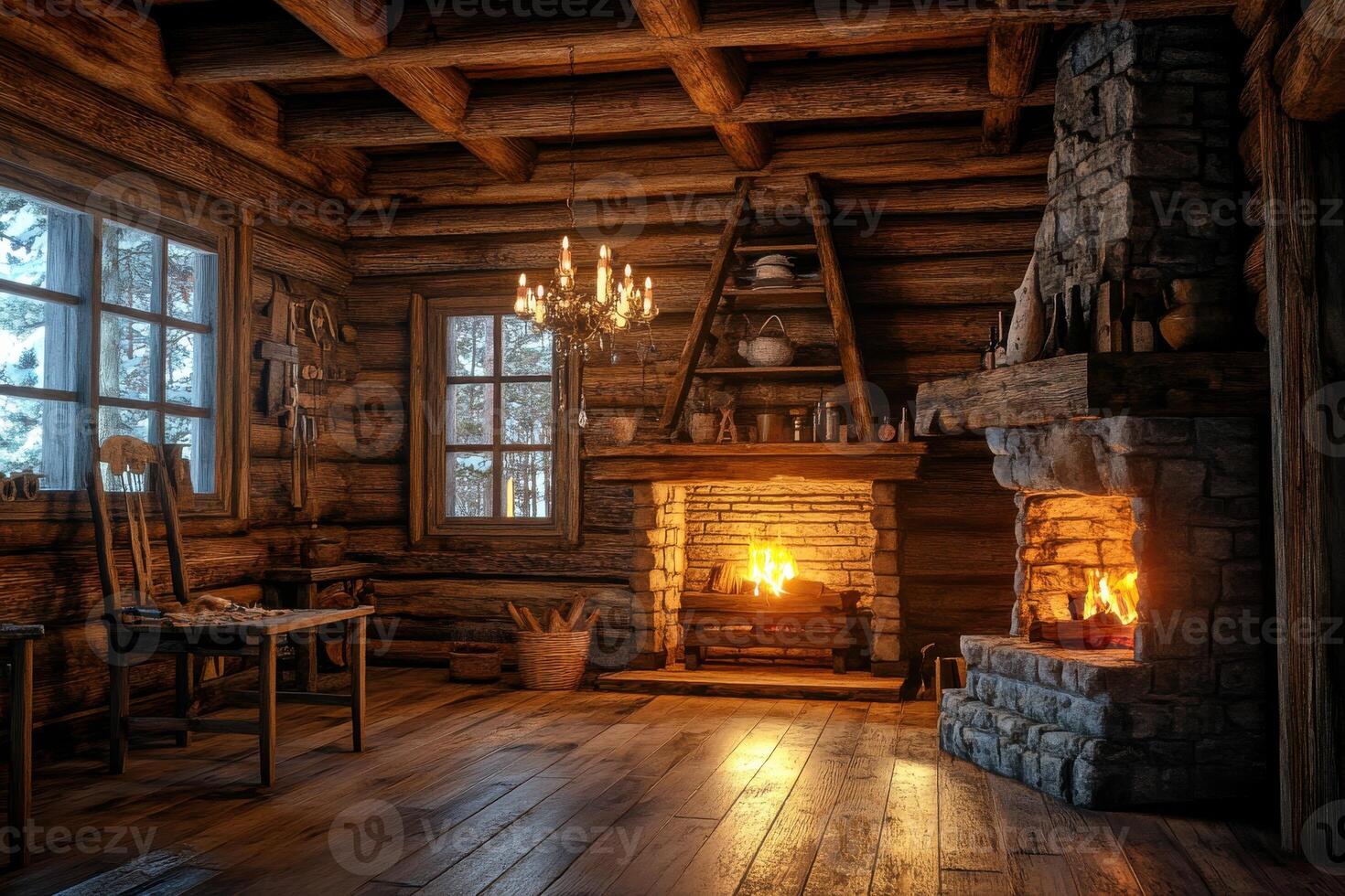 Cozy wooden cabin interior with a warm fireplace, rustic furniture, and snowy landscape visible through the windows in winter photo