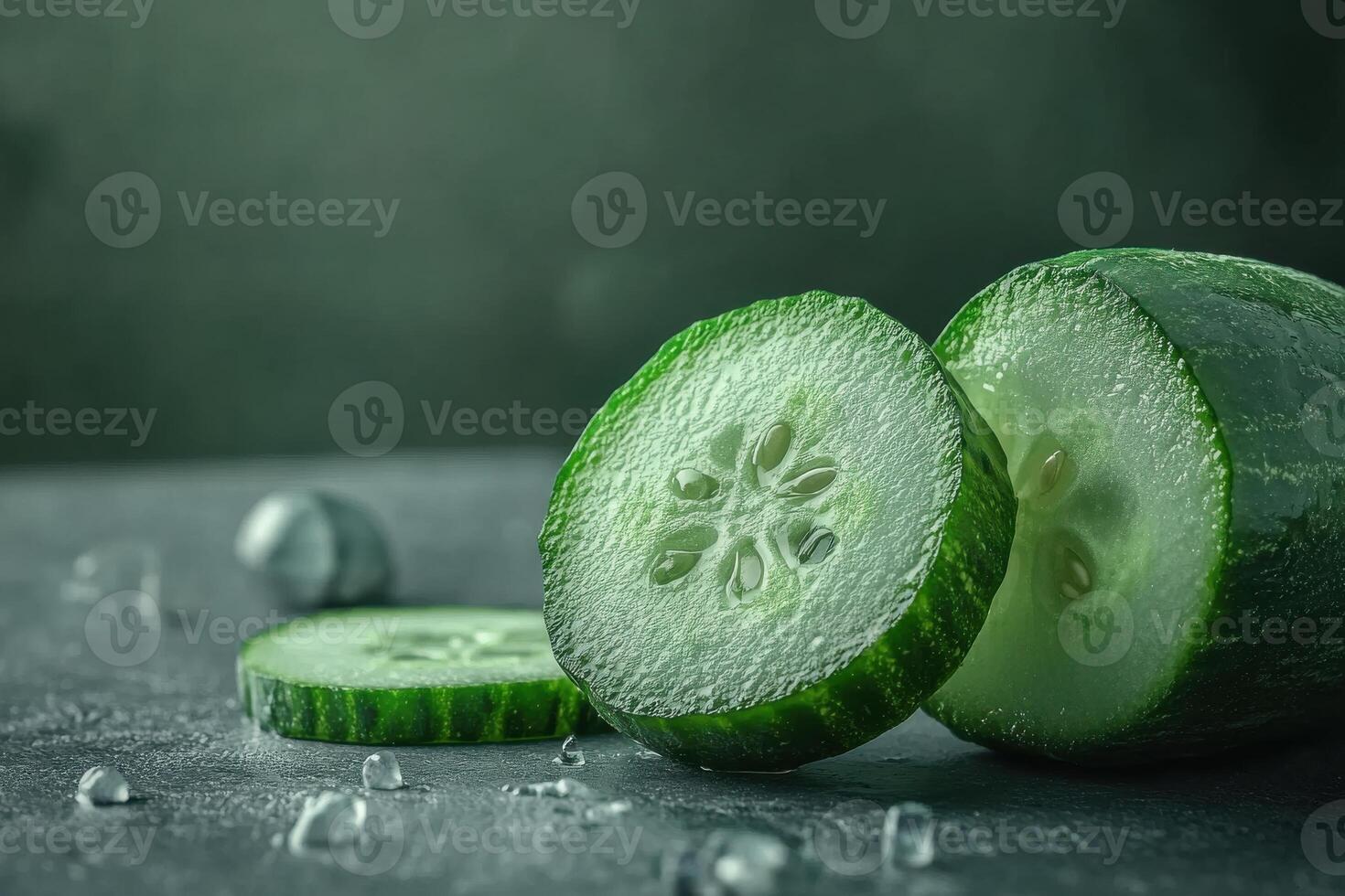 Freshly sliced cucumber pieces on a dark background with water droplets creating a refreshing and vibrant culinary setting photo