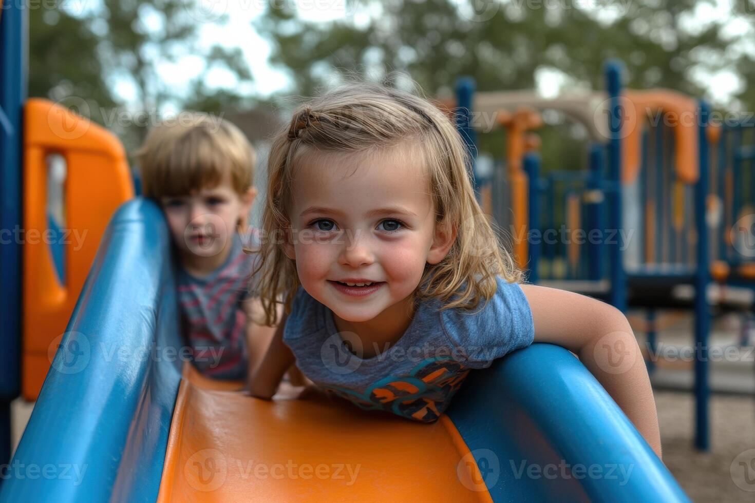 Young children enjoy playtime on a colorful slide at a sunny park playground in the afternoon photo