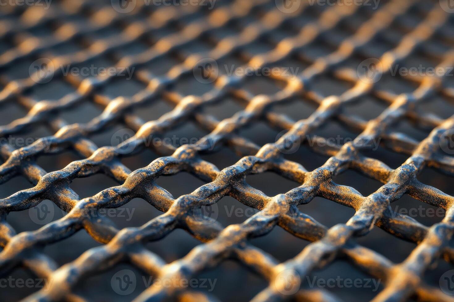 Close-up view of a textured metal grid during golden hour highlighting intricate patterns photo