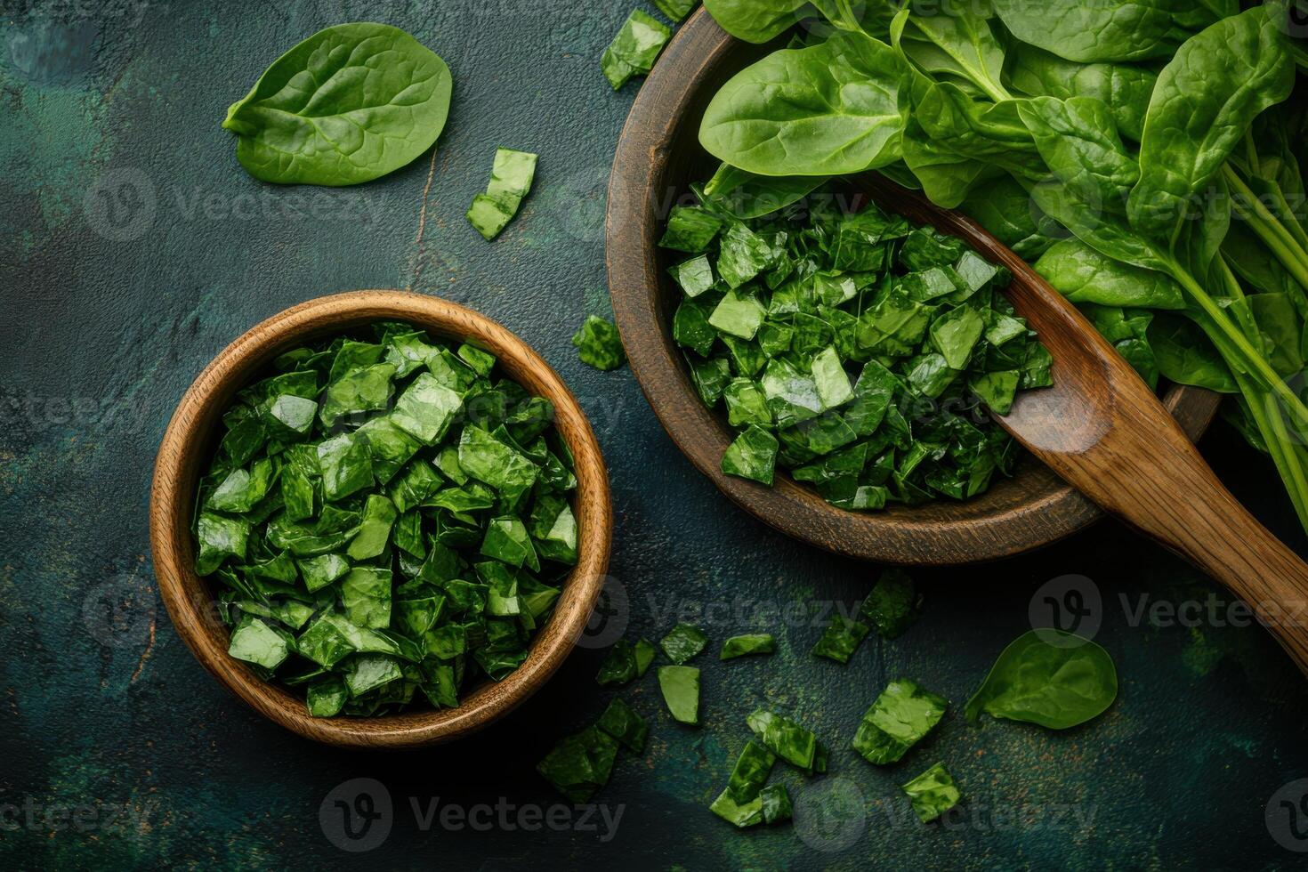 Freshly chopped spinach placed in wooden bowl and board with whole spinach leaves on a dark textured surface photo
