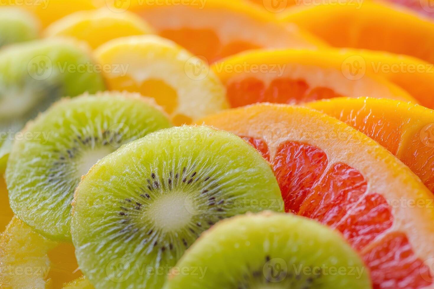 Colorful display of sliced citrus and kiwi fruit arranged in a vibrant pattern for a fresh snack photo