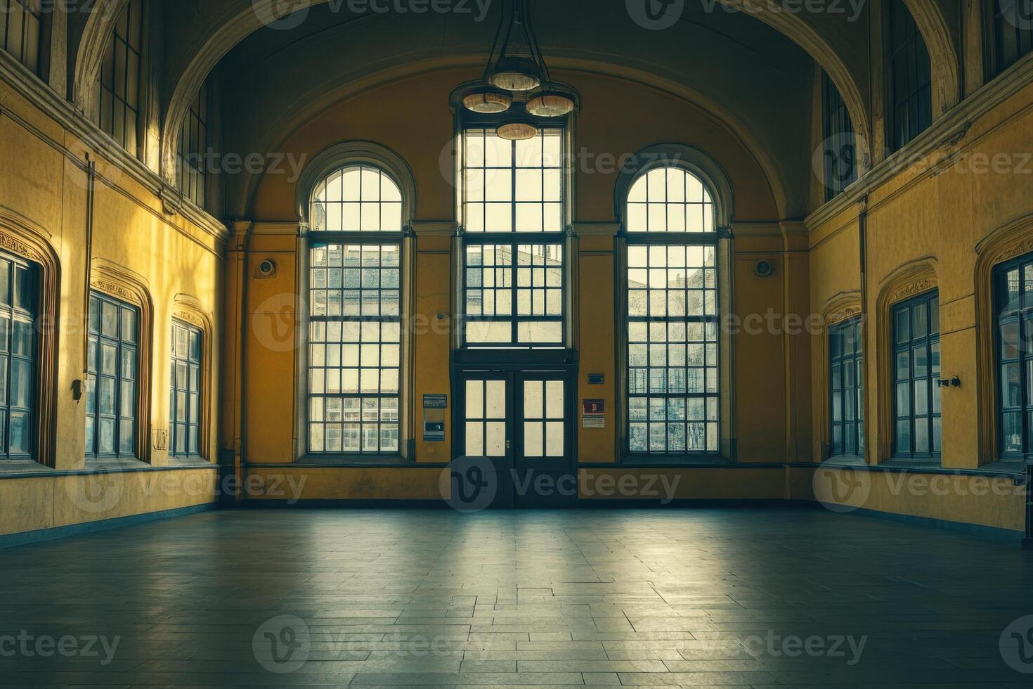 Abandoned hall with large windows and yellow walls, showcasing sunlight filtering through at midday in a historic building photo