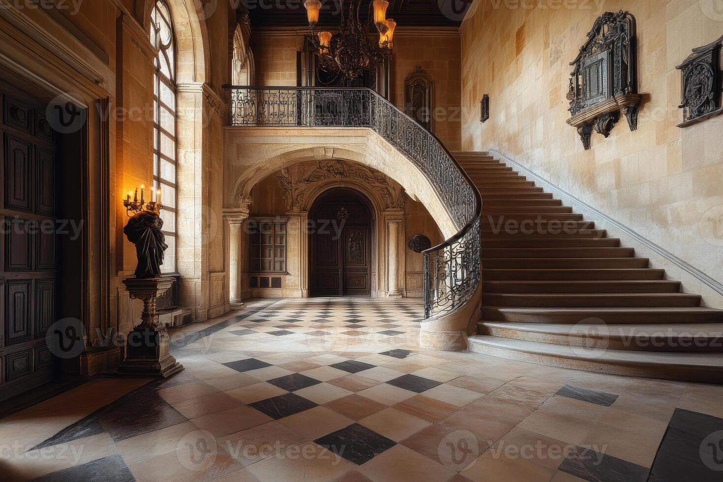 Elegant historic staircase and entrance hall with intricate architectural details in a grand mansion photo